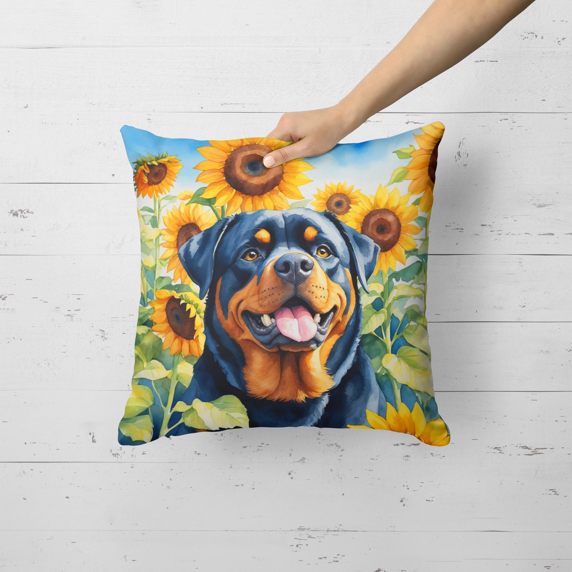 Rottweiler in Sunflowers Throw Pillow