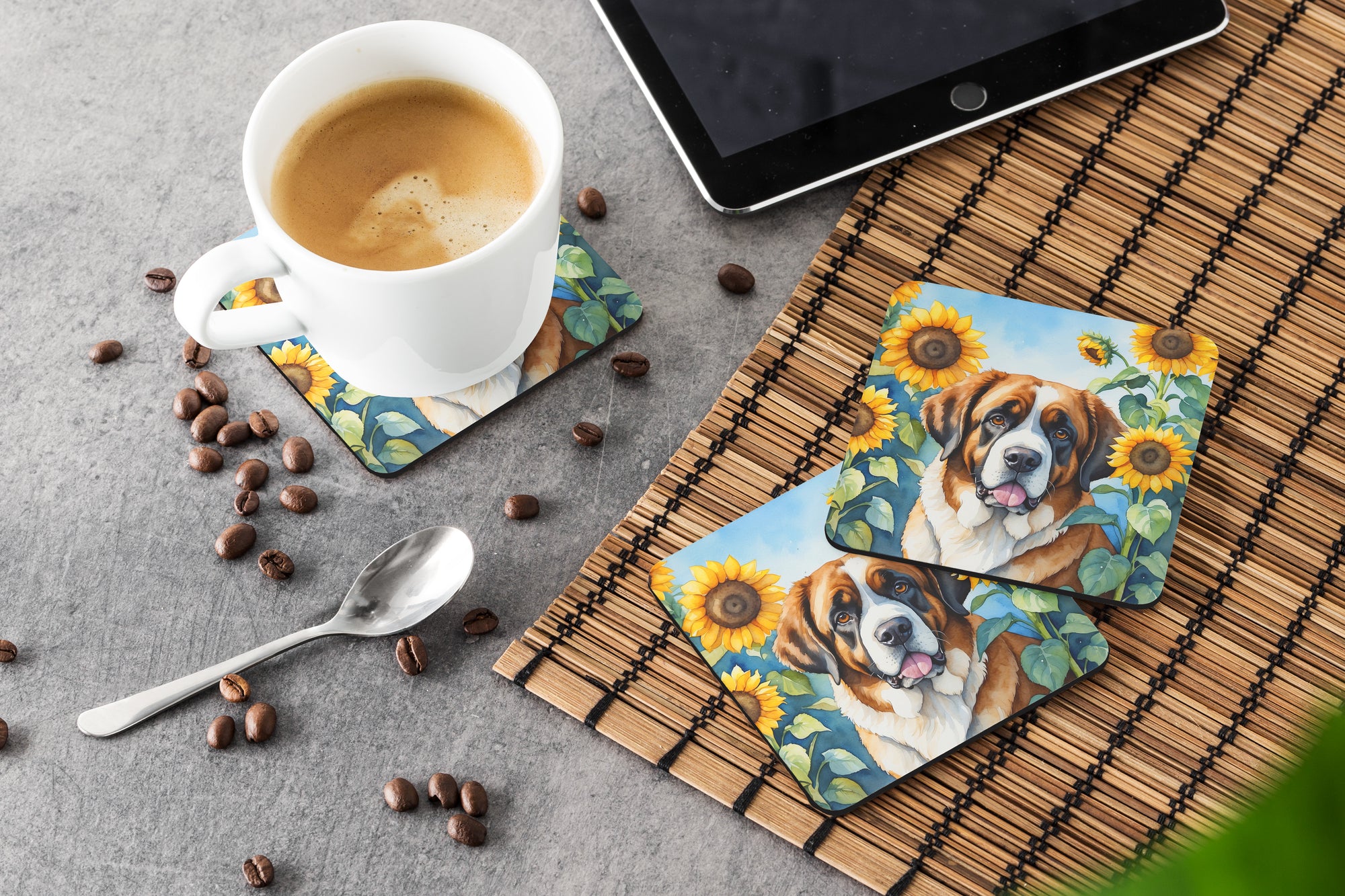 Saint Bernard in Sunflowers Foam Coasters