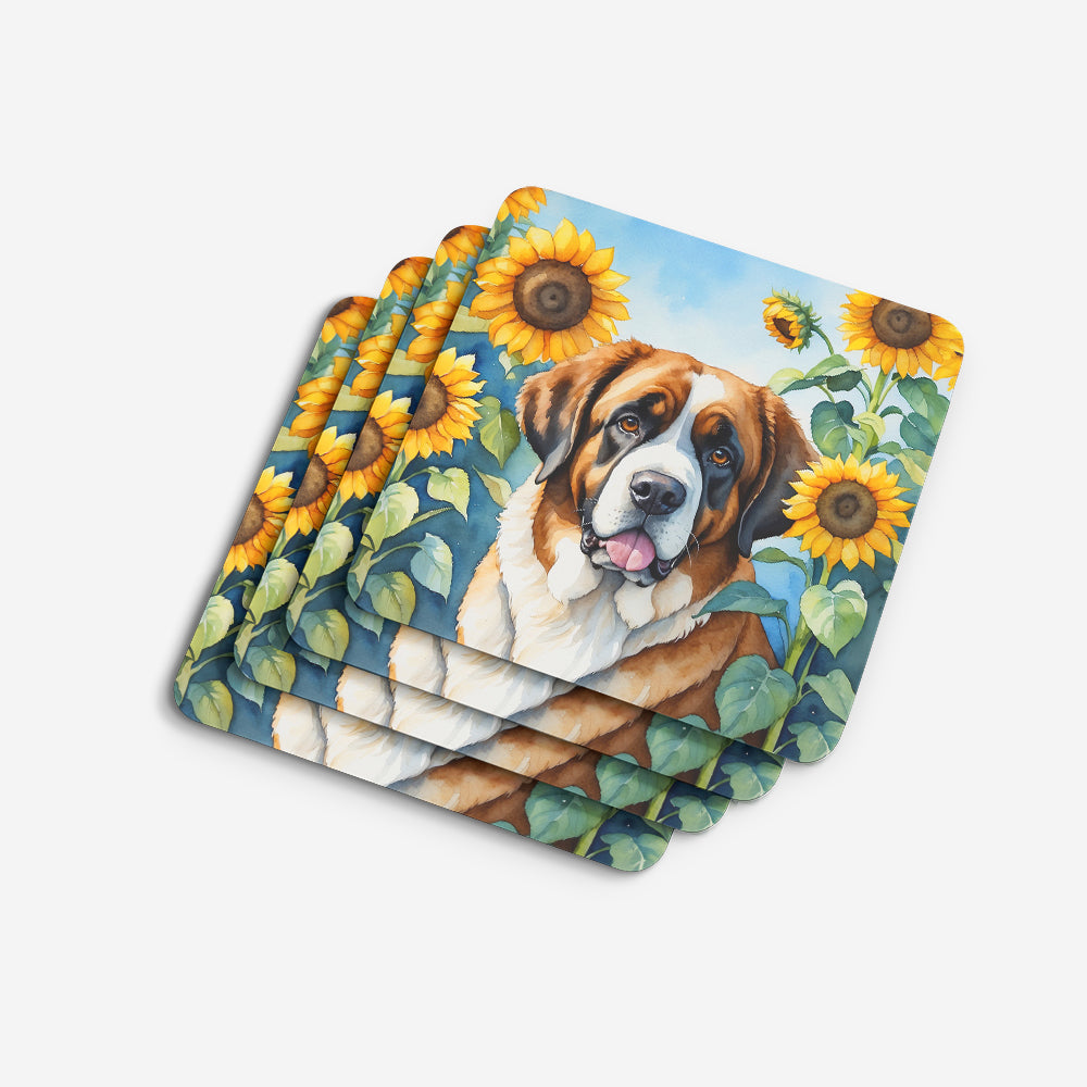 Saint Bernard in Sunflowers Foam Coasters
