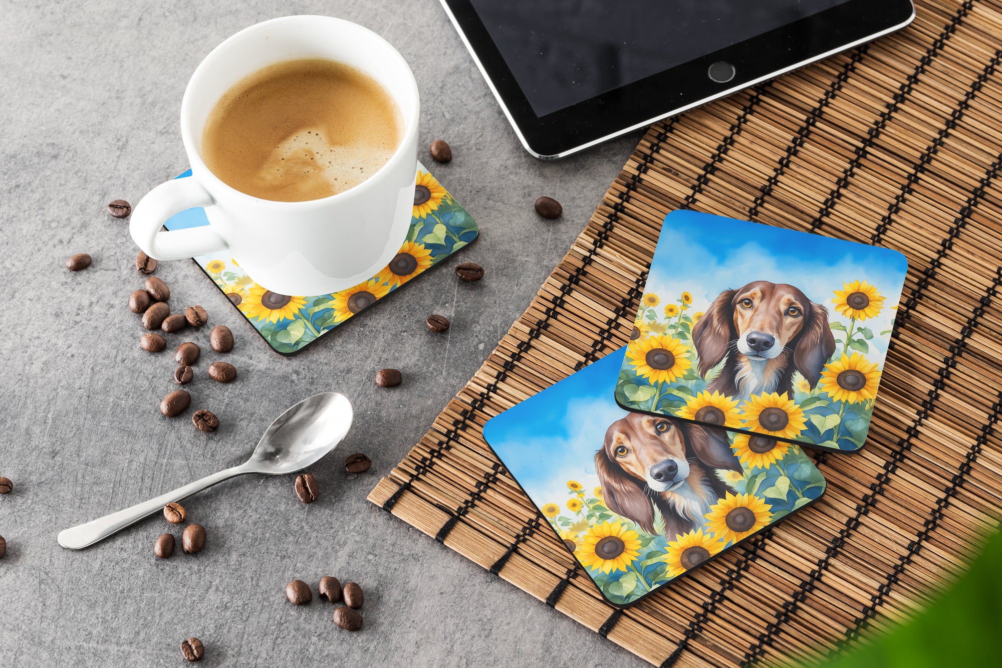 Saluki in Sunflowers Foam Coasters