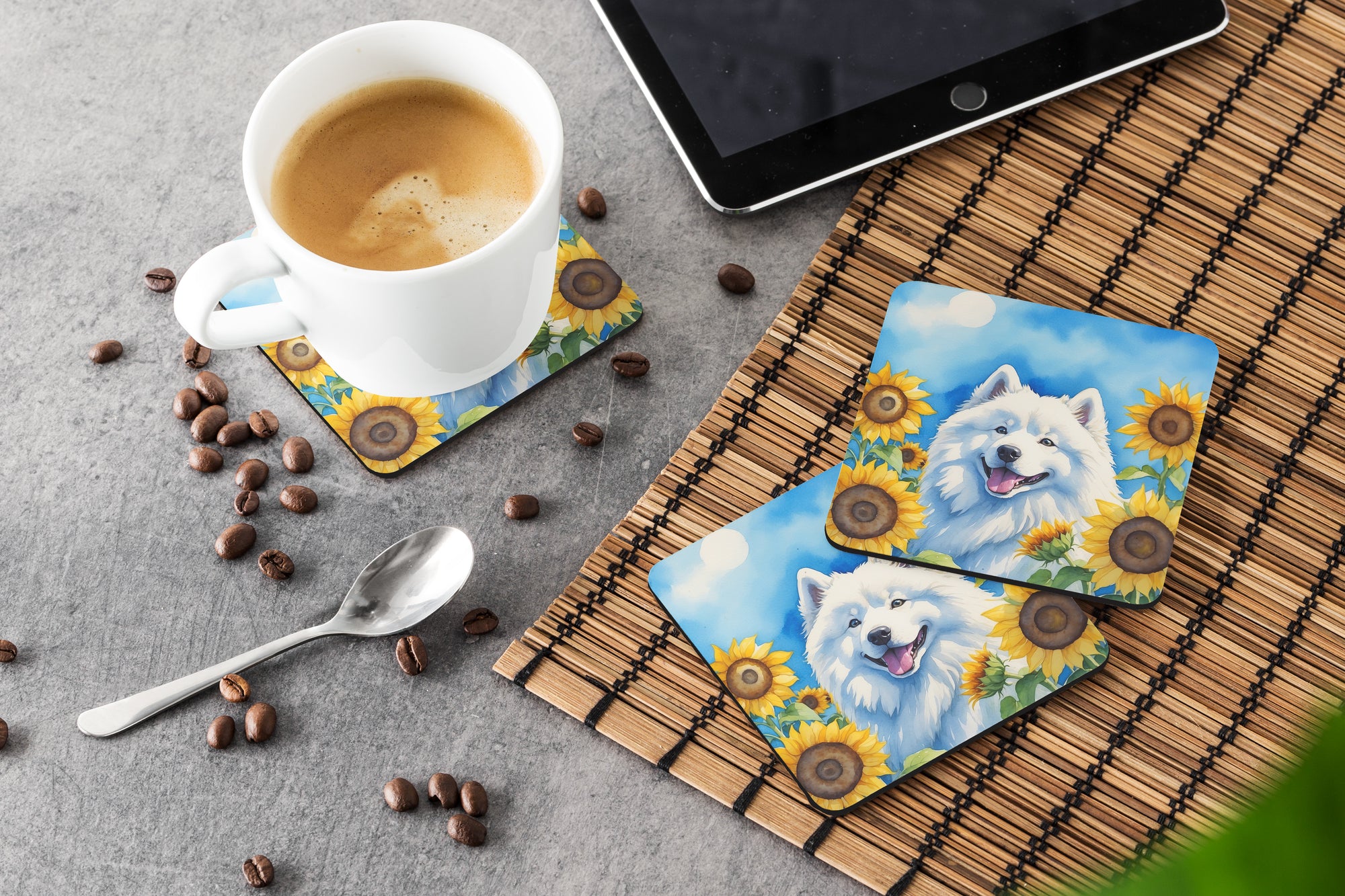 Samoyed in Sunflowers Foam Coasters