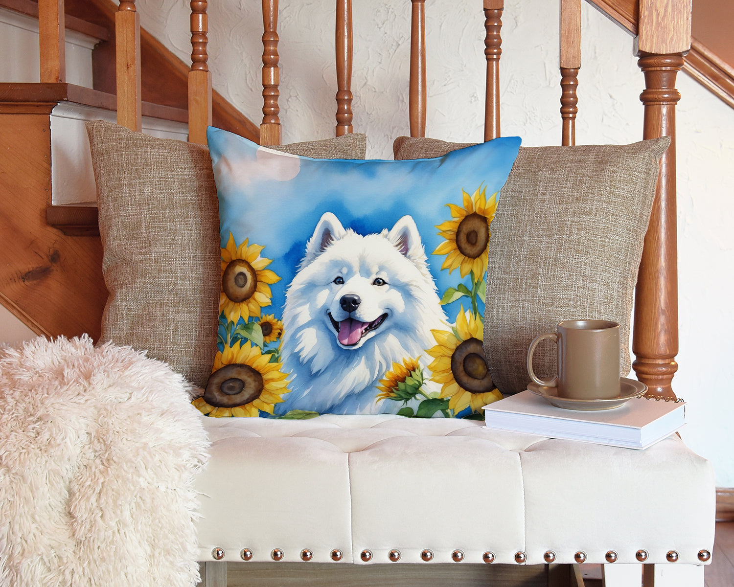 Samoyed in Sunflowers Throw Pillow