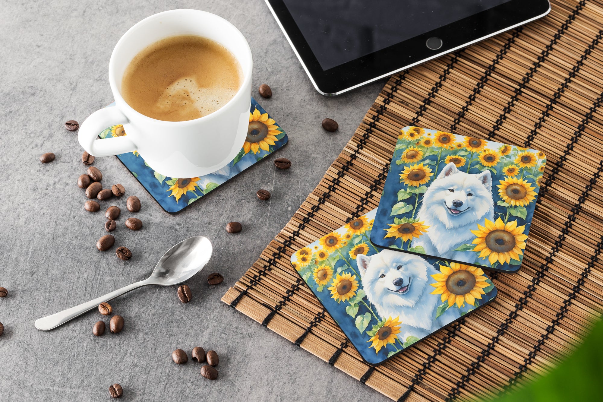 Samoyed in Sunflowers Foam Coasters