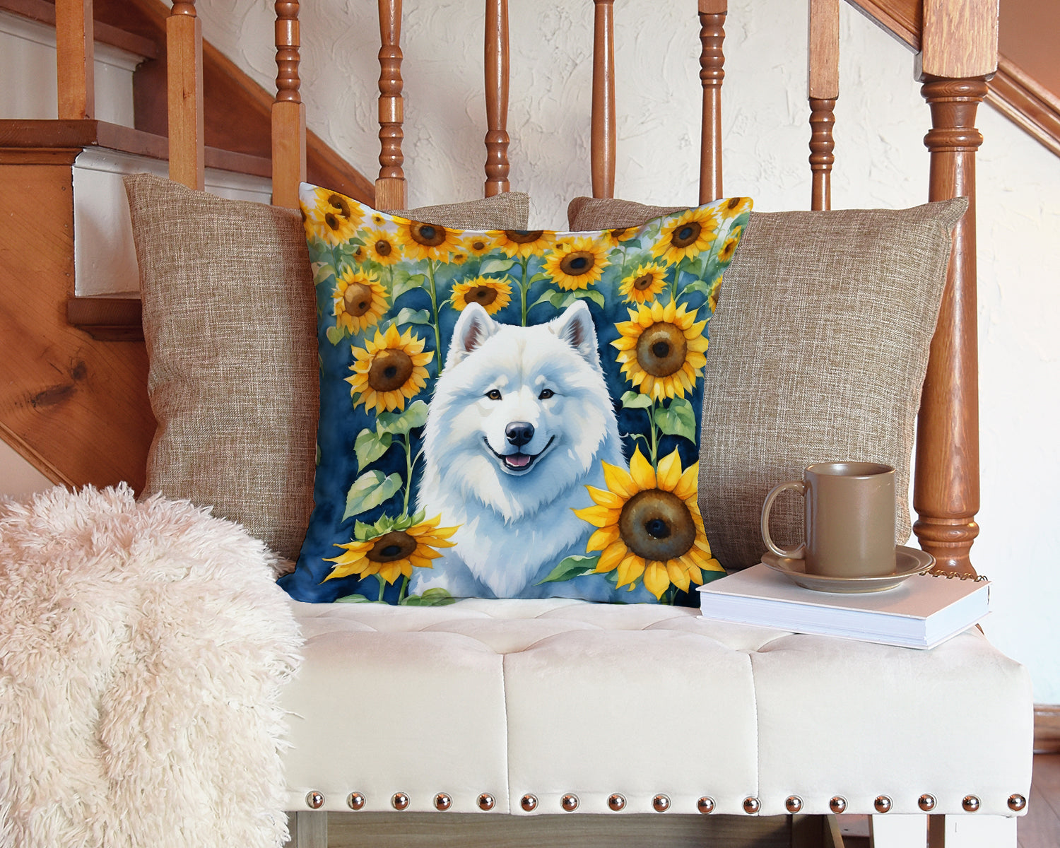 Samoyed in Sunflowers Throw Pillow