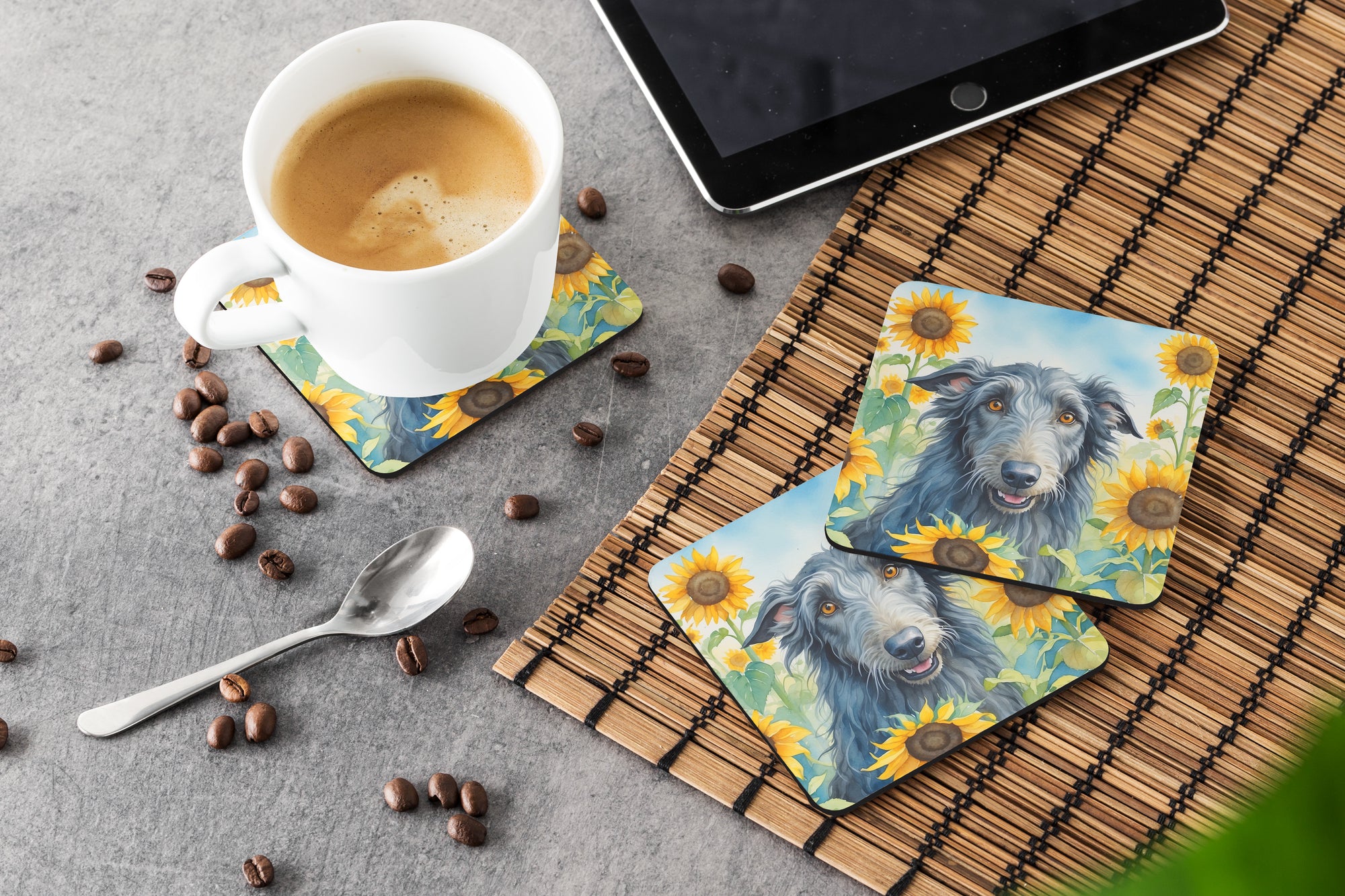 Scottish Deerhound in Sunflowers Foam Coasters