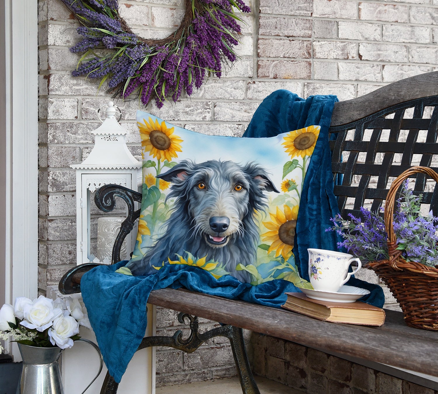 Scottish Deerhound in Sunflowers Throw Pillow