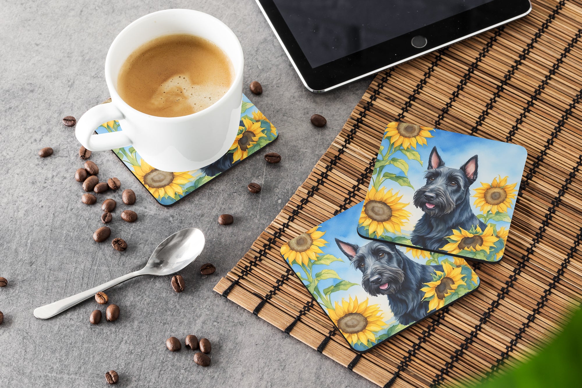 Scottish Terrier in Sunflowers Foam Coasters