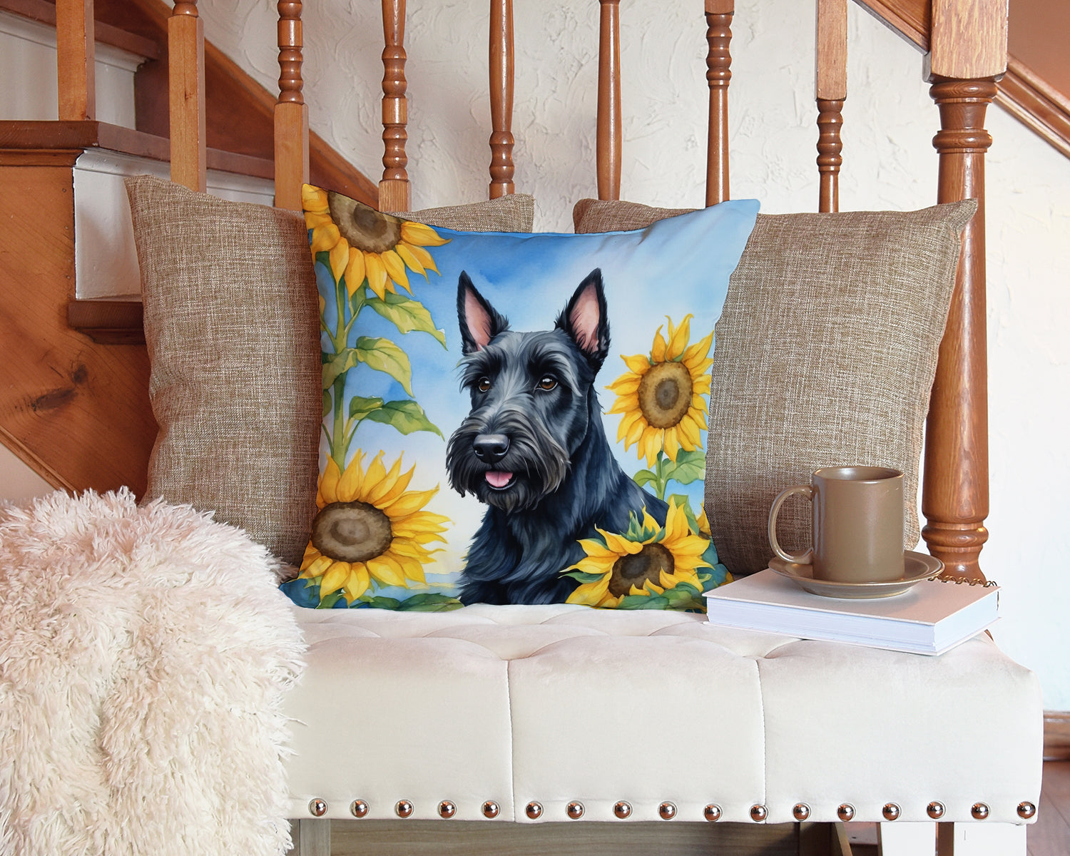 Scottish Terrier in Sunflowers Throw Pillow