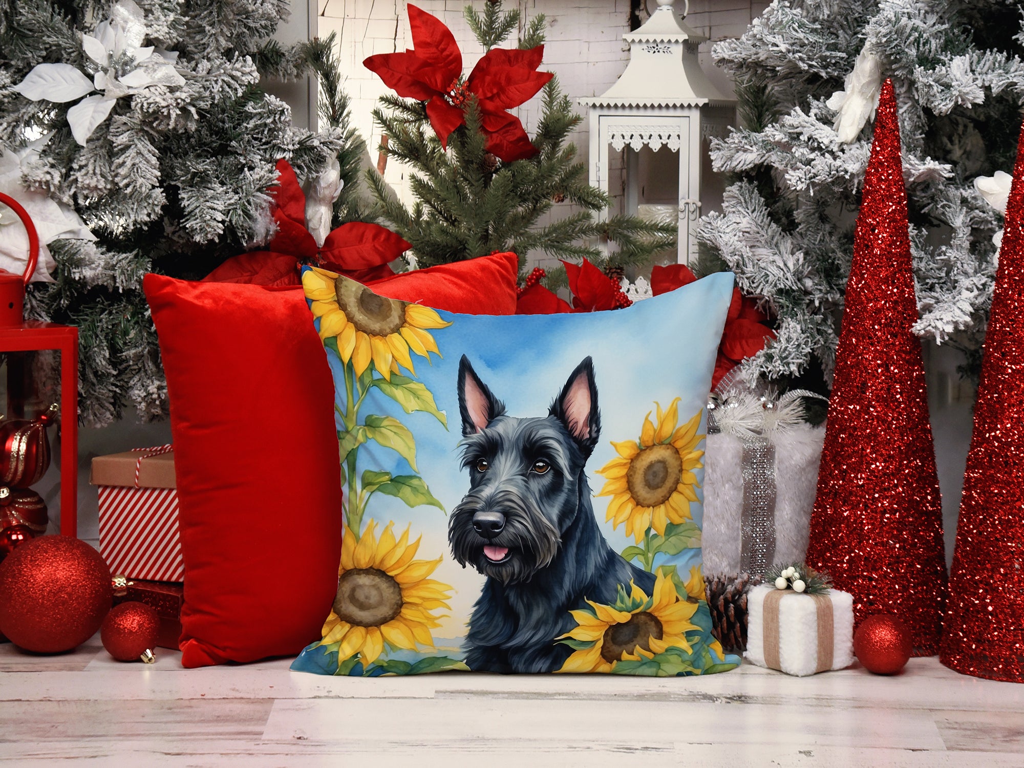 Scottish Terrier in Sunflowers Throw Pillow