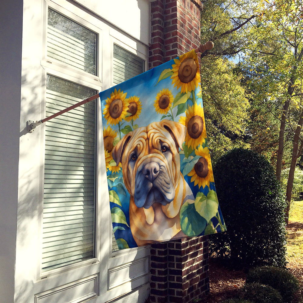 Shar Pei in Sunflowers House Flag