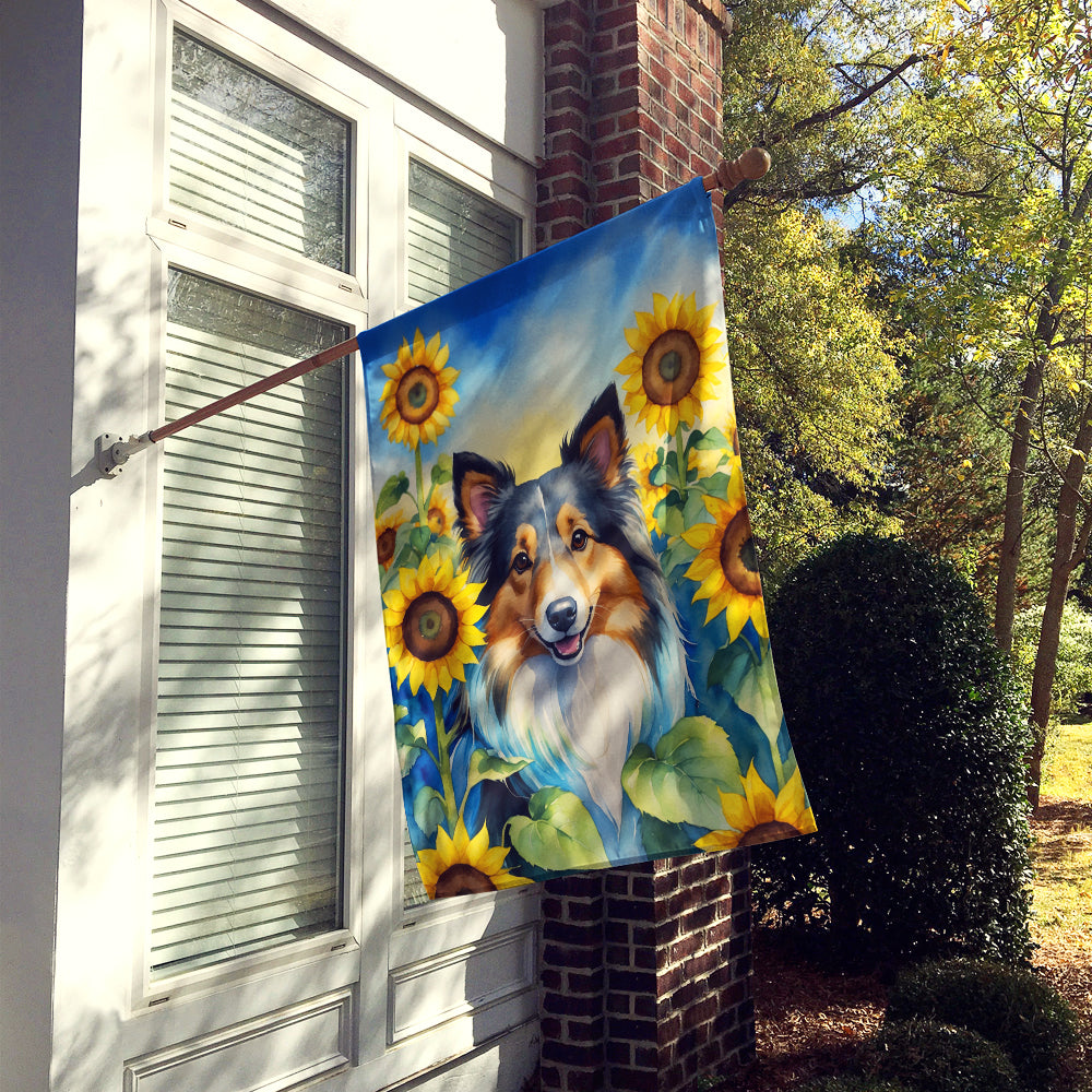 Sheltie in Sunflowers House Flag