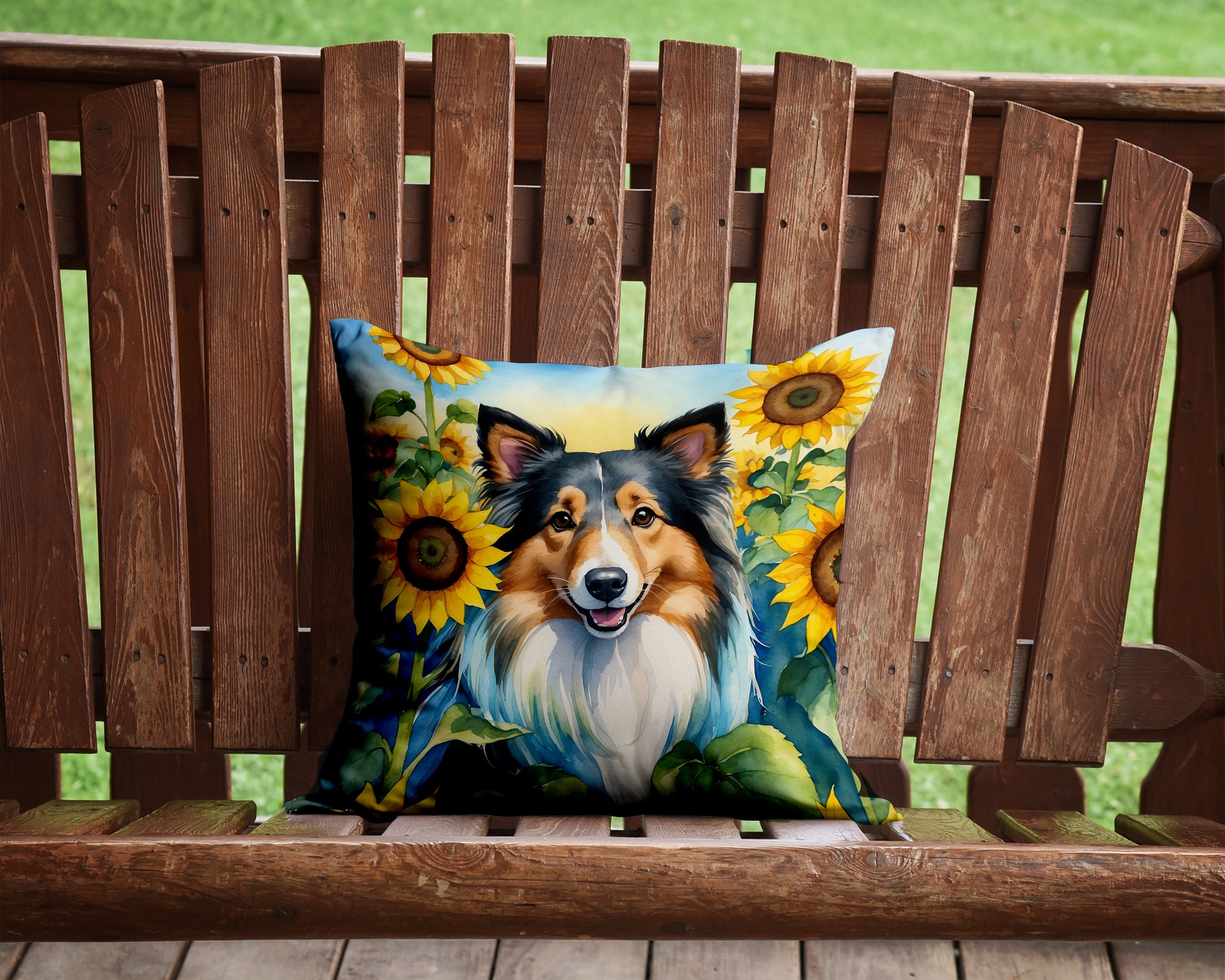 Sheltie in Sunflowers Throw Pillow