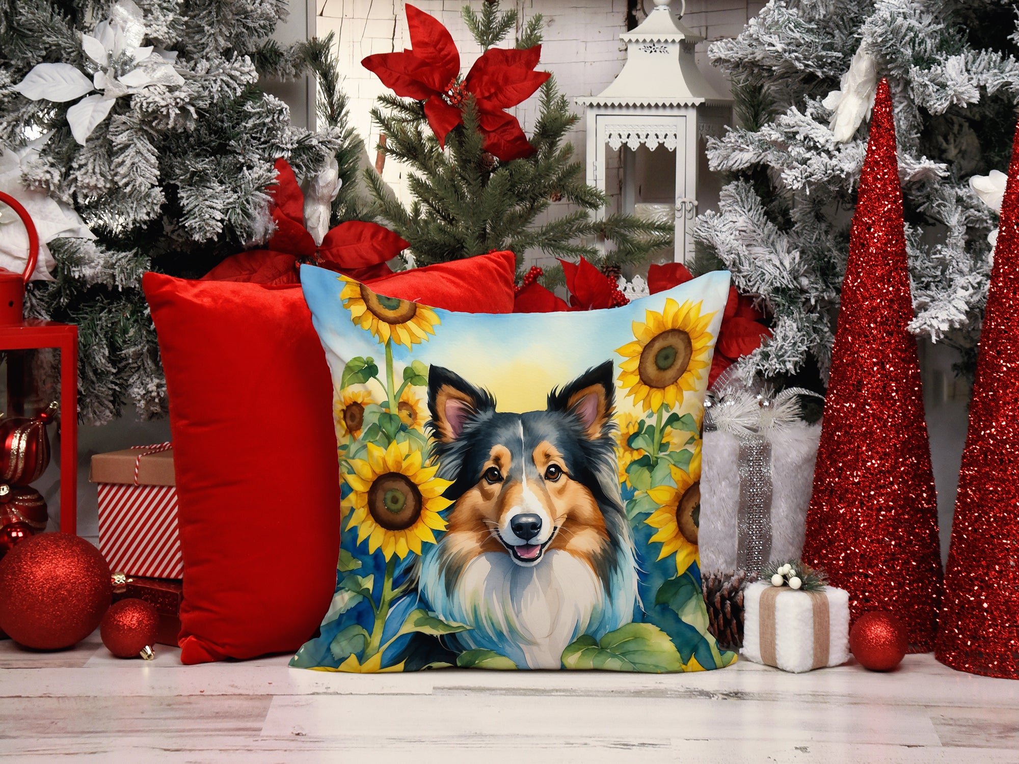 Sheltie in Sunflowers Throw Pillow