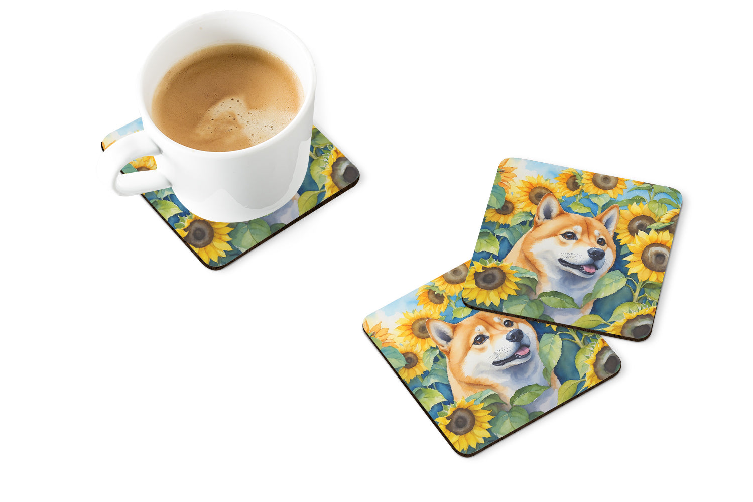 Buy this Shiba Inu in Sunflowers Foam Coasters