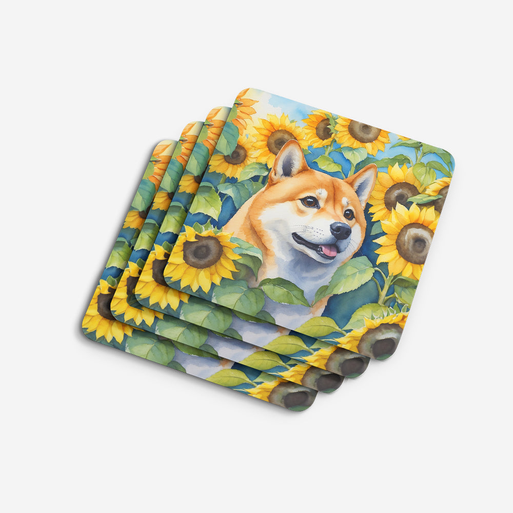 Shiba Inu in Sunflowers Foam Coasters