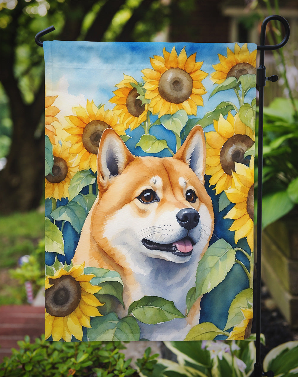 Shiba Inu in Sunflowers Garden Flag