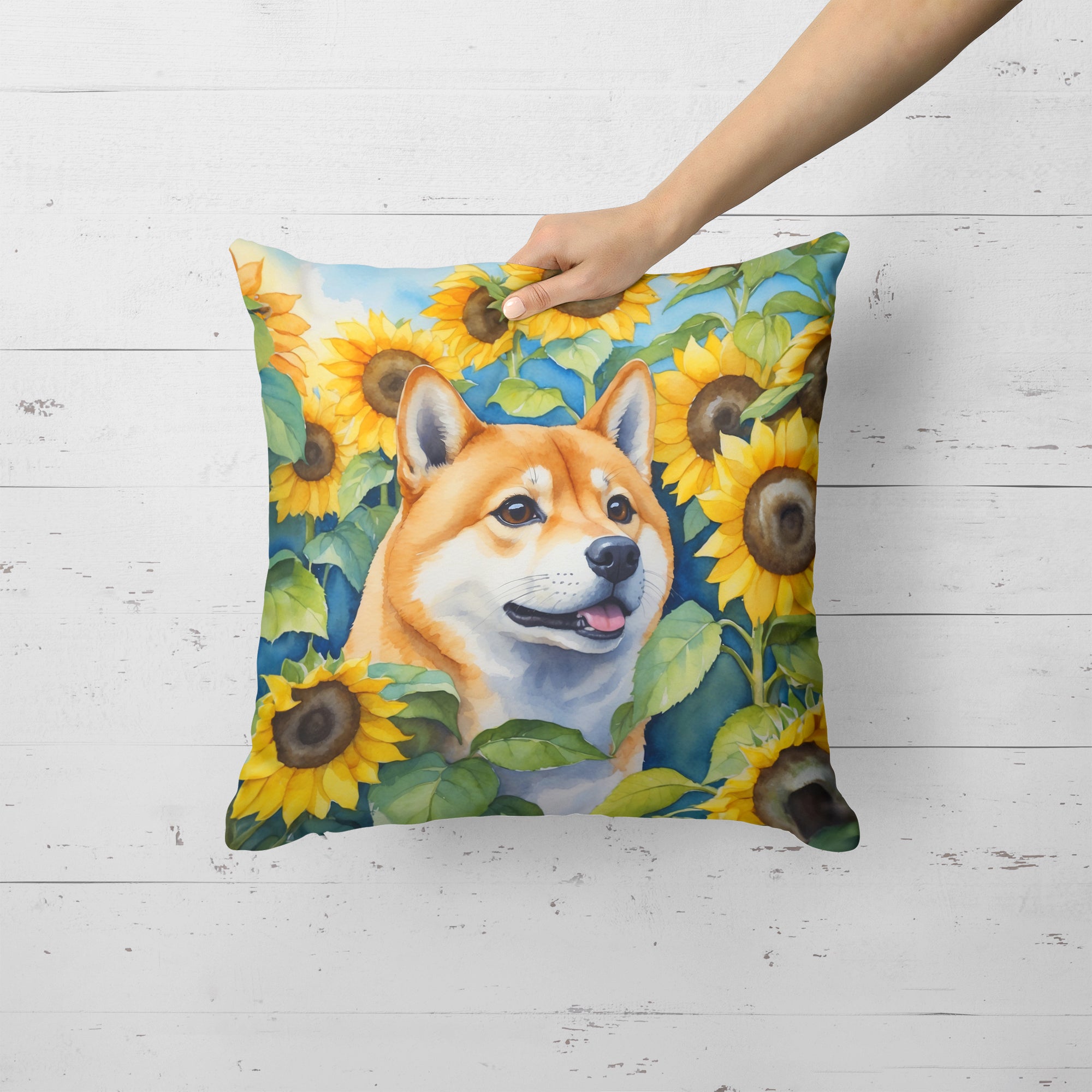 Shiba Inu in Sunflowers Throw Pillow