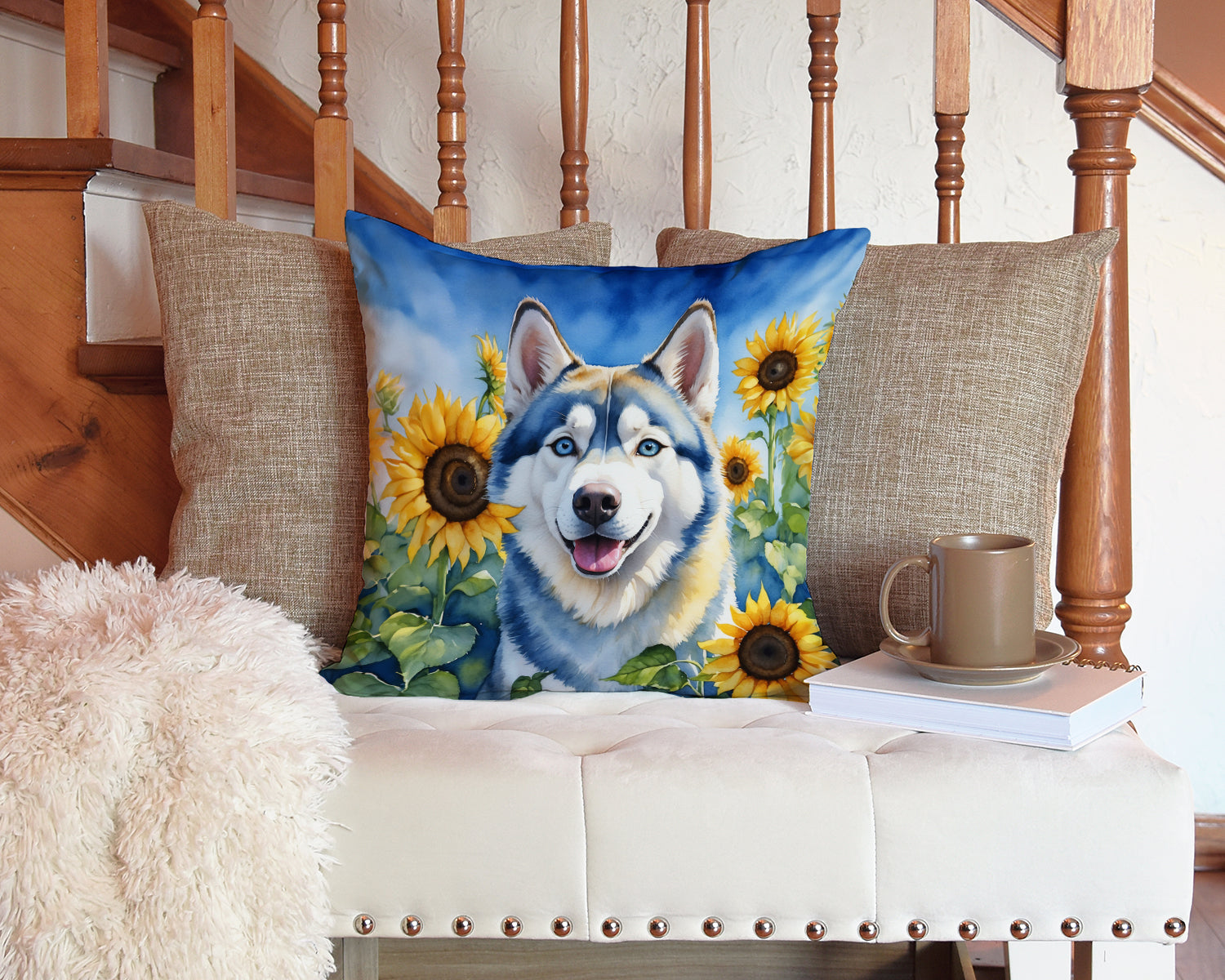 Siberian Husky in Sunflowers Throw Pillow