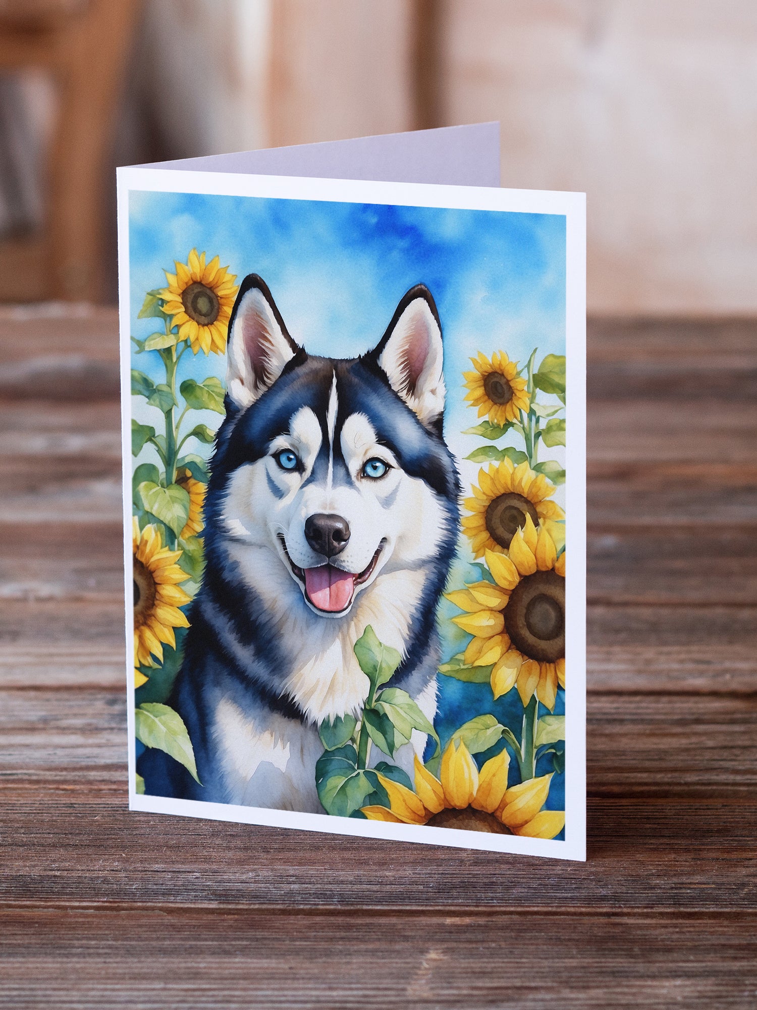 Siberian Husky in Sunflowers Greeting Cards Pack of 8