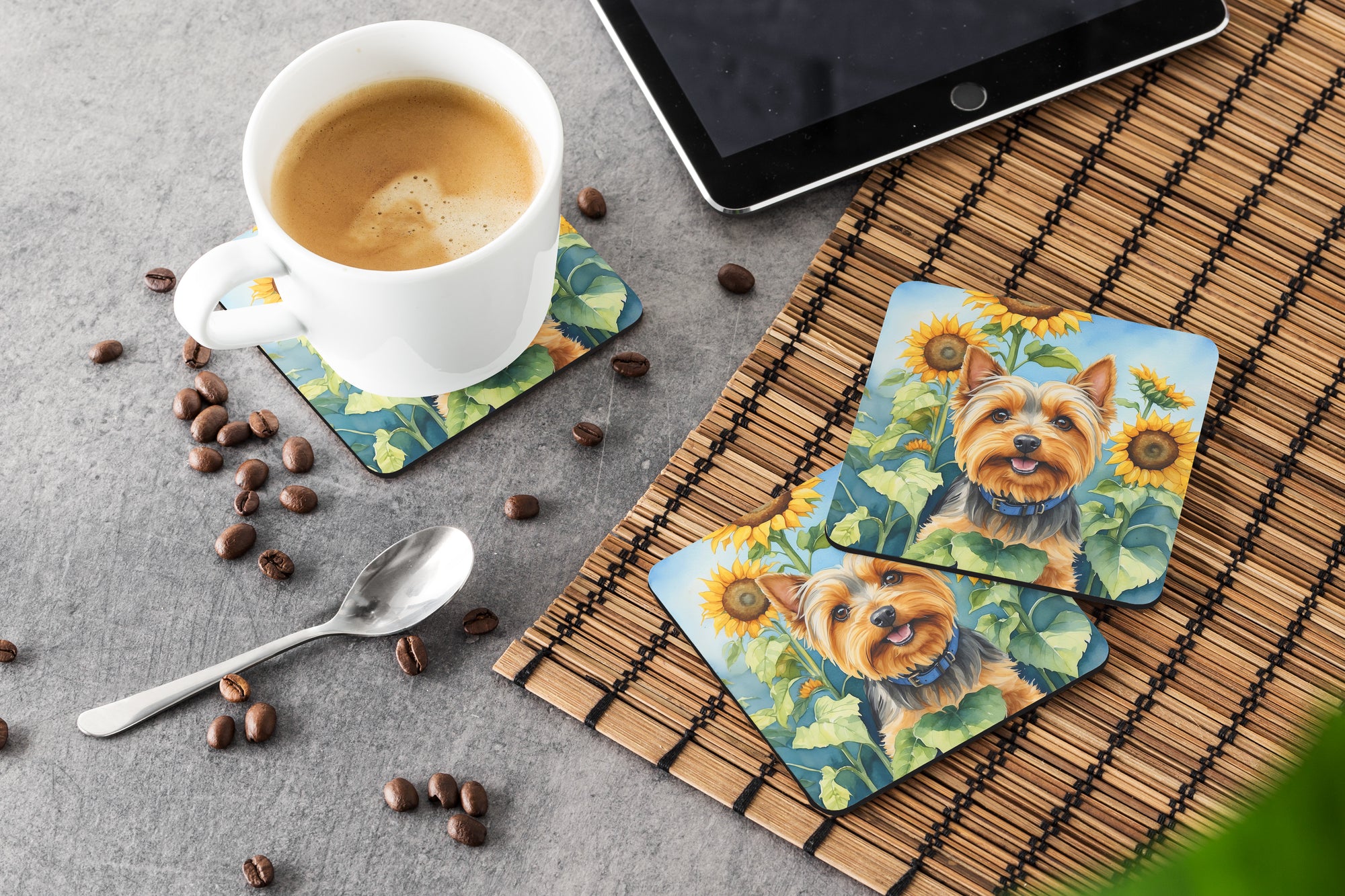 Silky Terrier in Sunflowers Foam Coasters