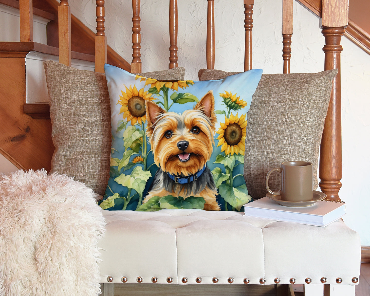 Silky Terrier in Sunflowers Throw Pillow