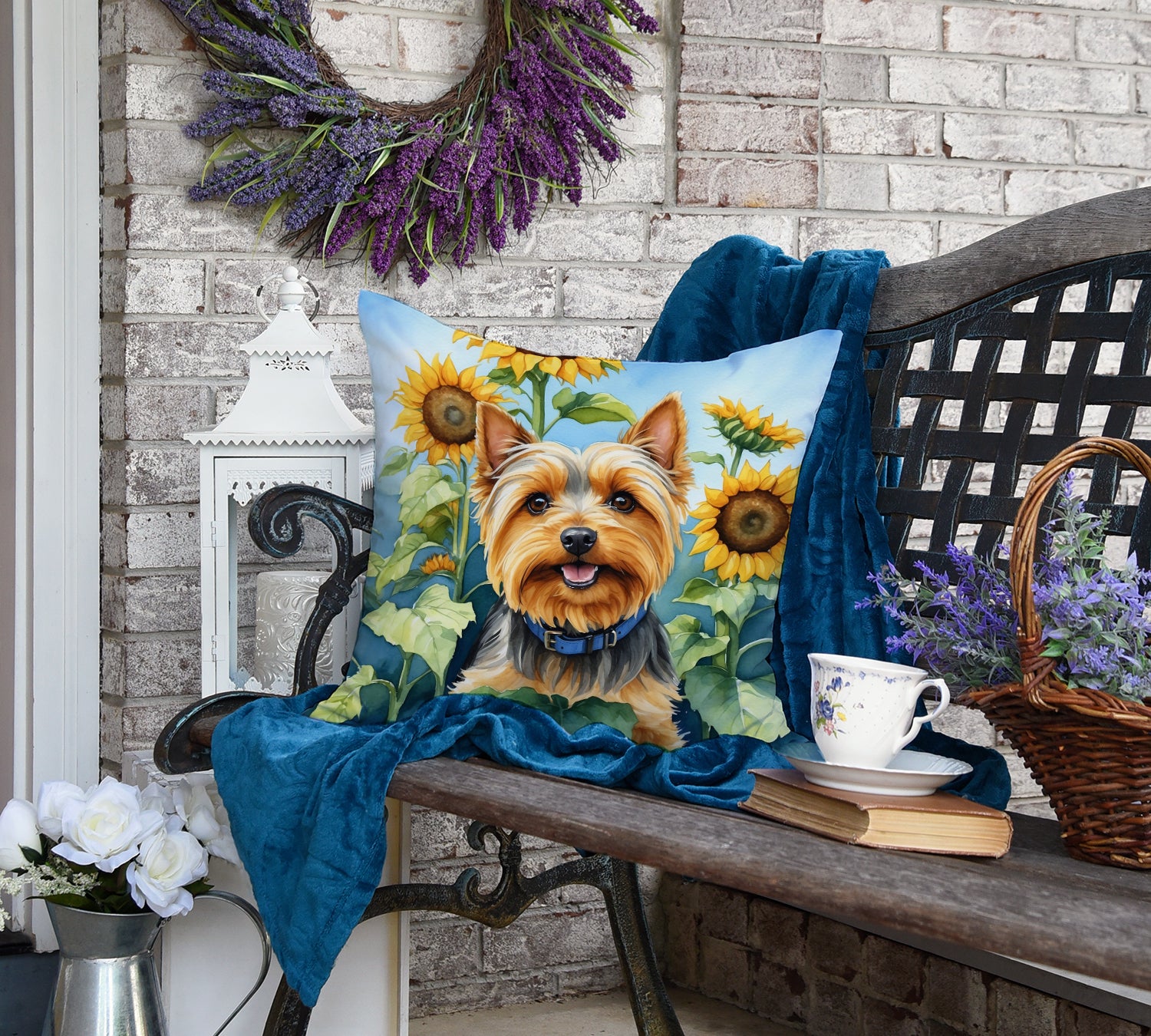 Silky Terrier in Sunflowers Throw Pillow