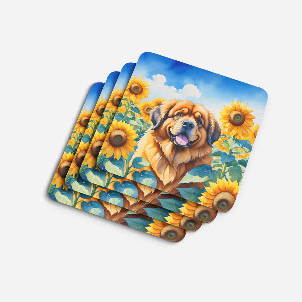 Caroline's Treasures Tibetan Mastiff in Sunflowers Coasters - Set of 4 Lightweight Foam, Absorbent Drink Coasters
