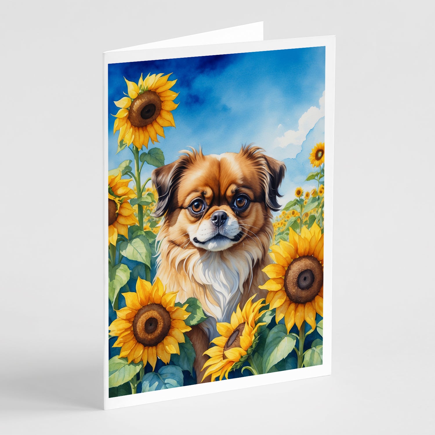 Buy this Tibetan Spaniel in Sunflowers Greeting Cards Pack of 8