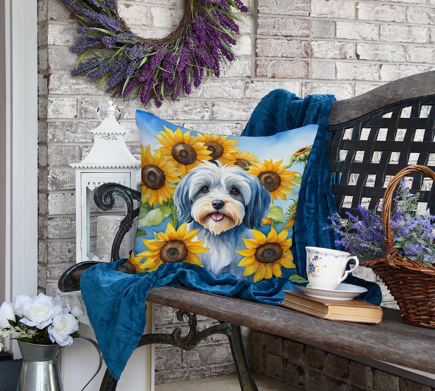 Tibetan Terrier in Sunflowers Throw Pillow