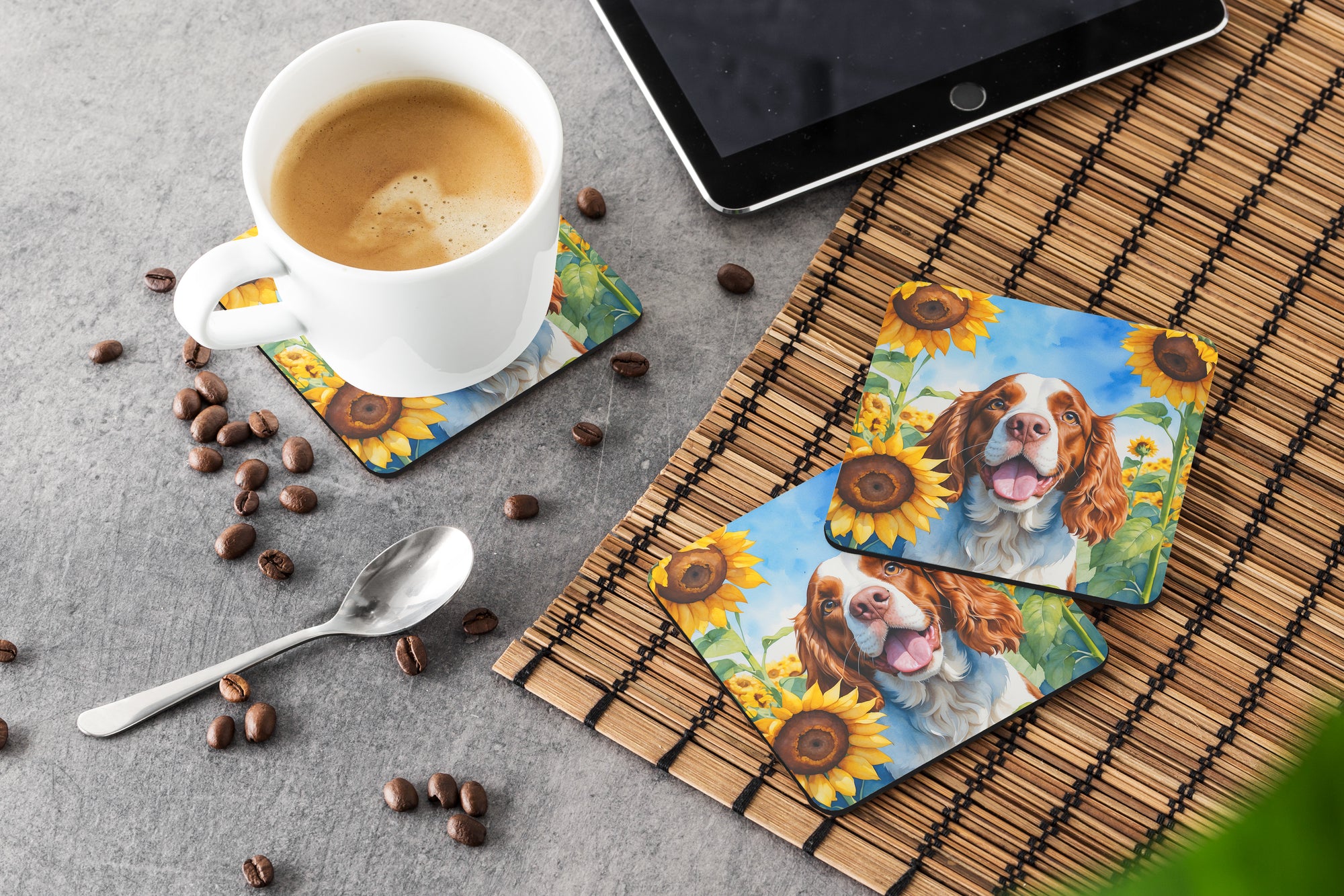 Welsh Springer Spaniel in Sunflowers Foam Coasters