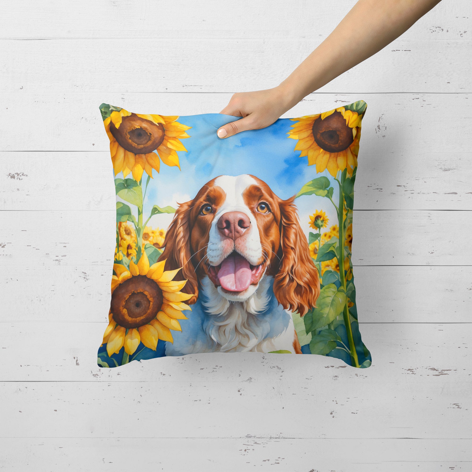 Welsh Springer Spaniel in Sunflowers Throw Pillow