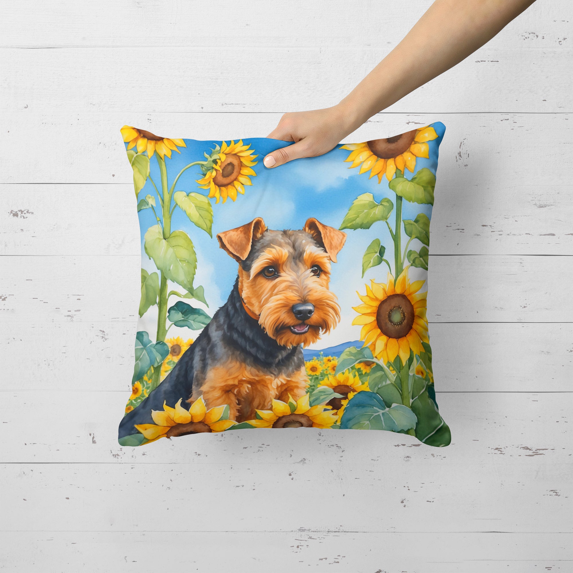 Welsh Terrier in Sunflowers Throw Pillow