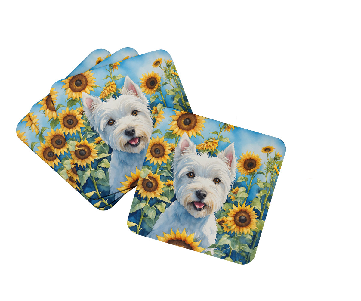 Buy this Westie in Sunflowers Foam Coasters