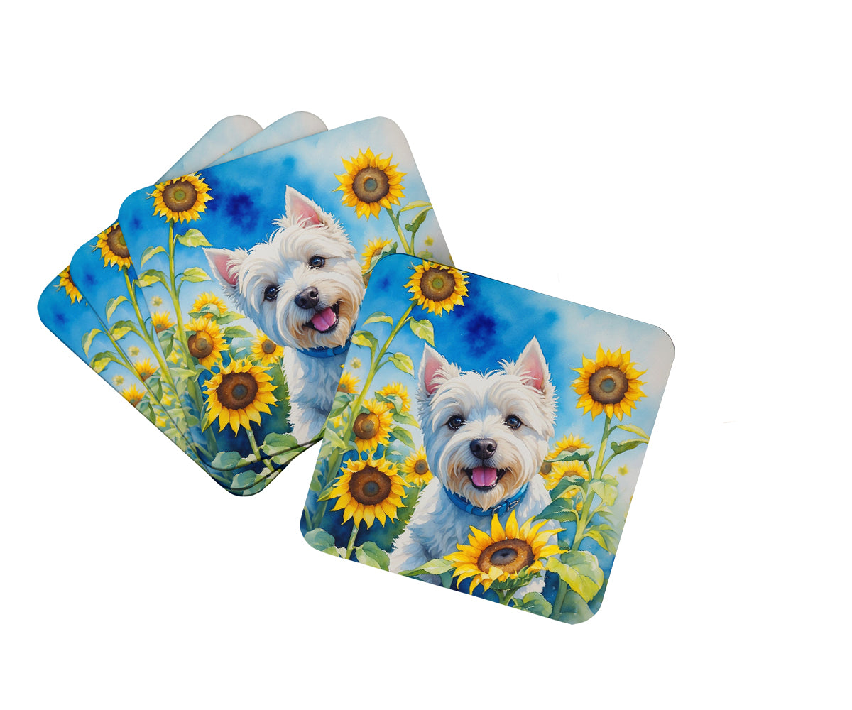 Buy this Westie in Sunflowers Foam Coasters