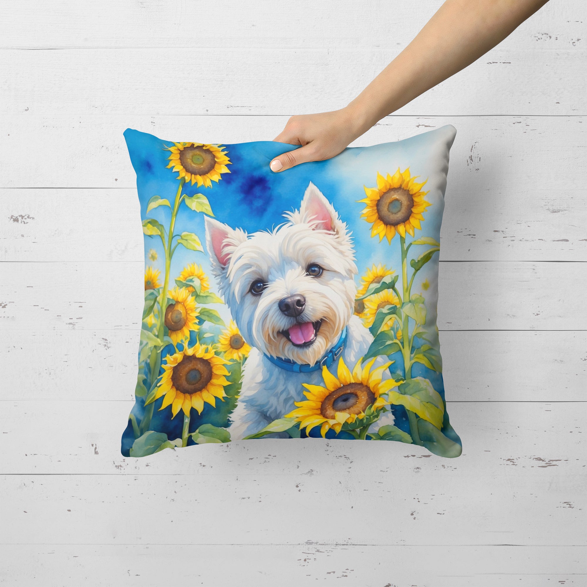 Westie in Sunflowers Throw Pillow