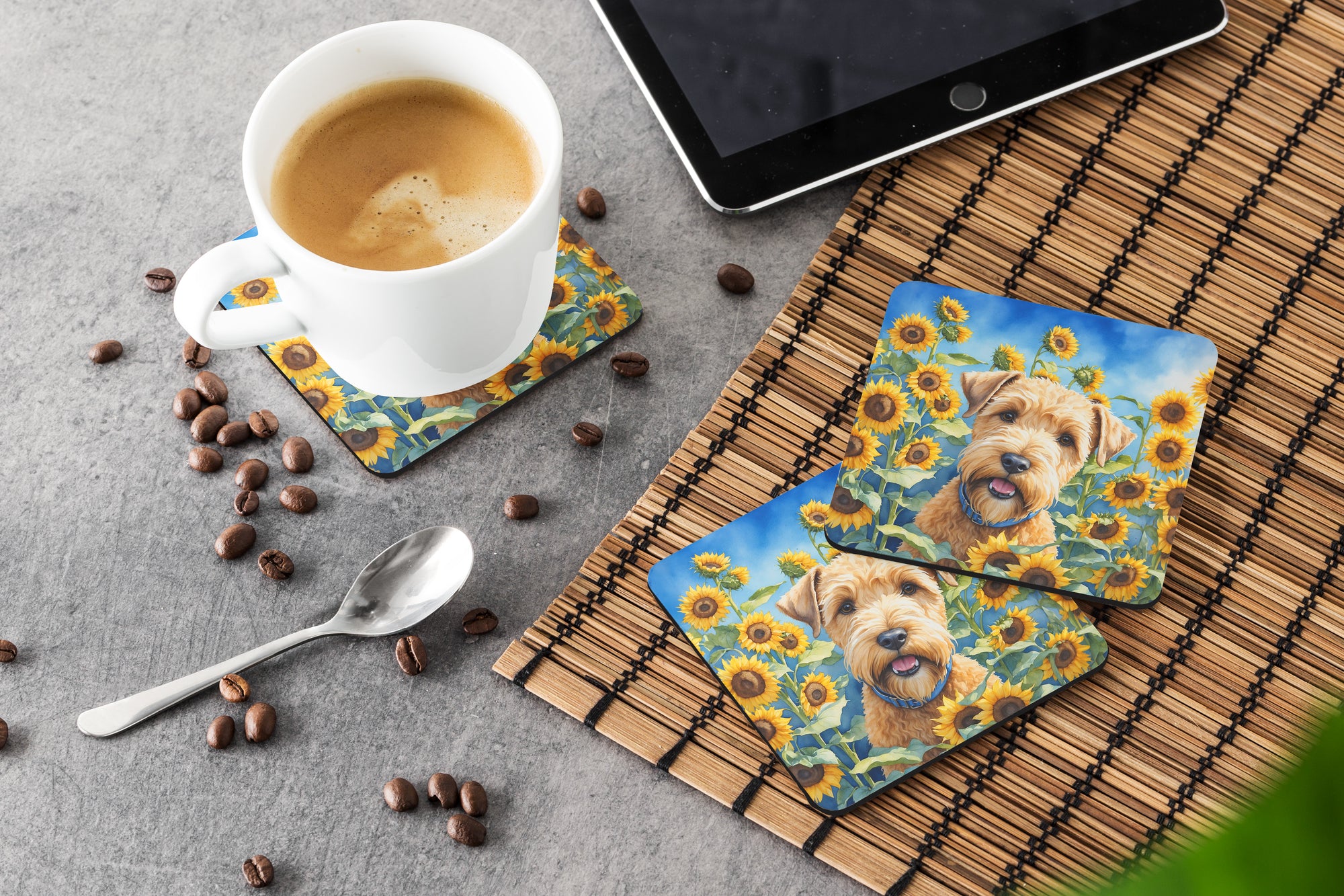 Wheaten Terrier in Sunflowers Foam Coasters