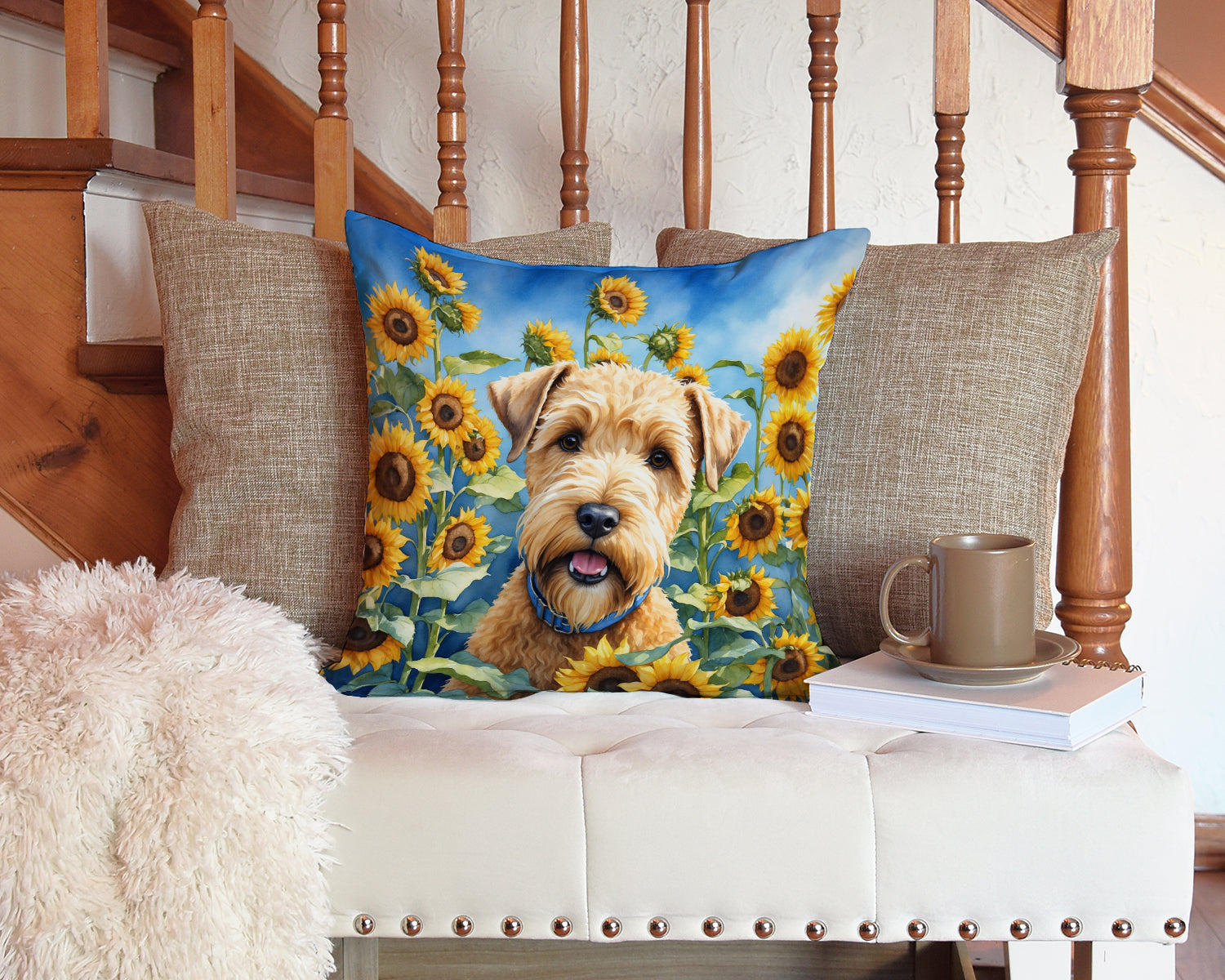 Wheaten Terrier in Sunflowers Throw Pillow