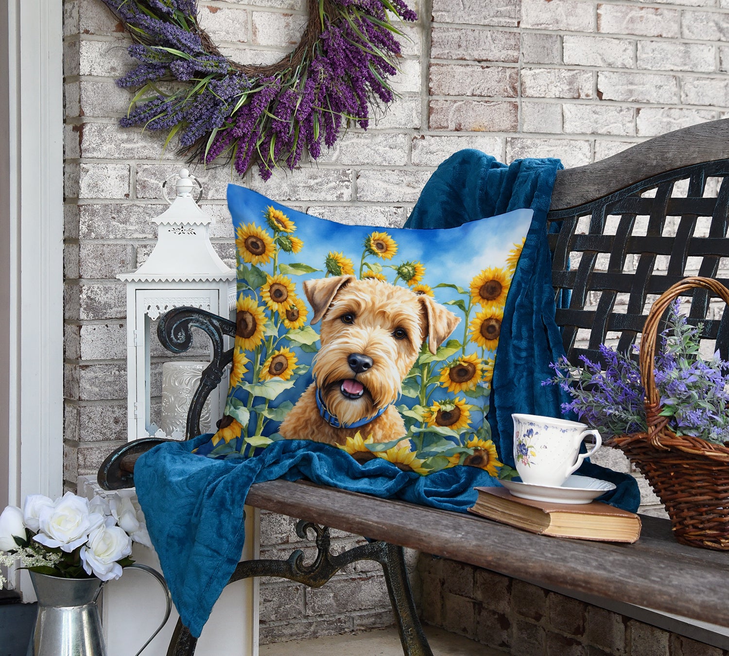 Wheaten Terrier in Sunflowers Throw Pillow