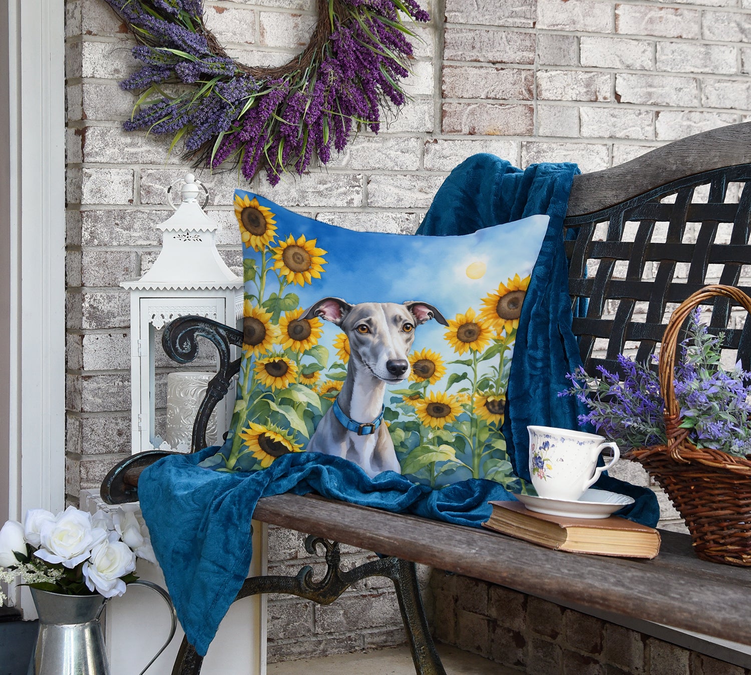 Whippet in Sunflowers Throw Pillow