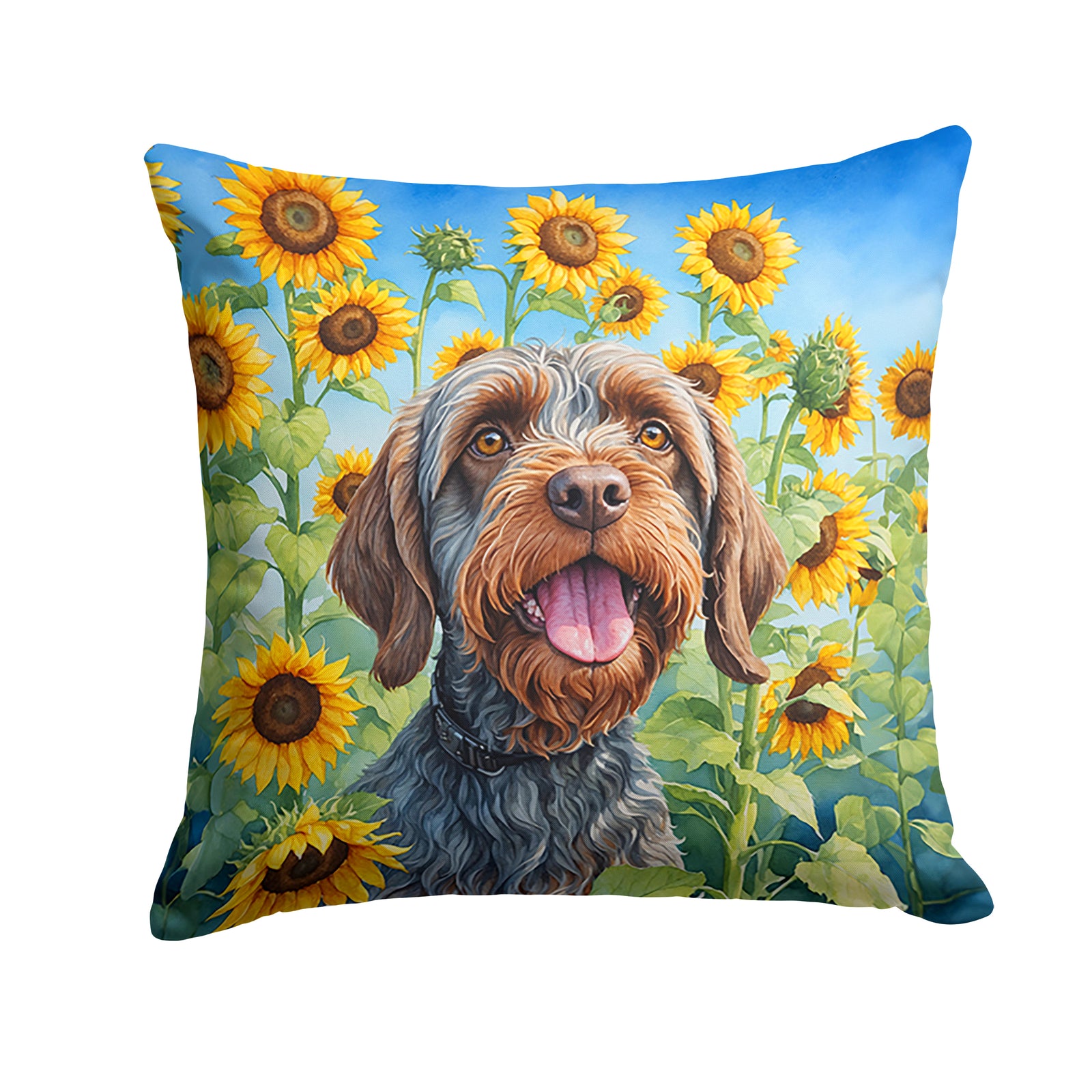 Buy this Wirehaired Pointing Griffon in Sunflowers Throw Pillow