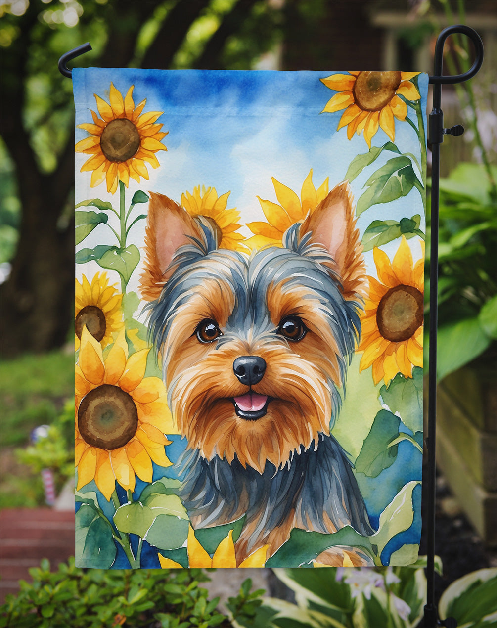 Yorkshire Terrier in Sunflowers Garden Flag