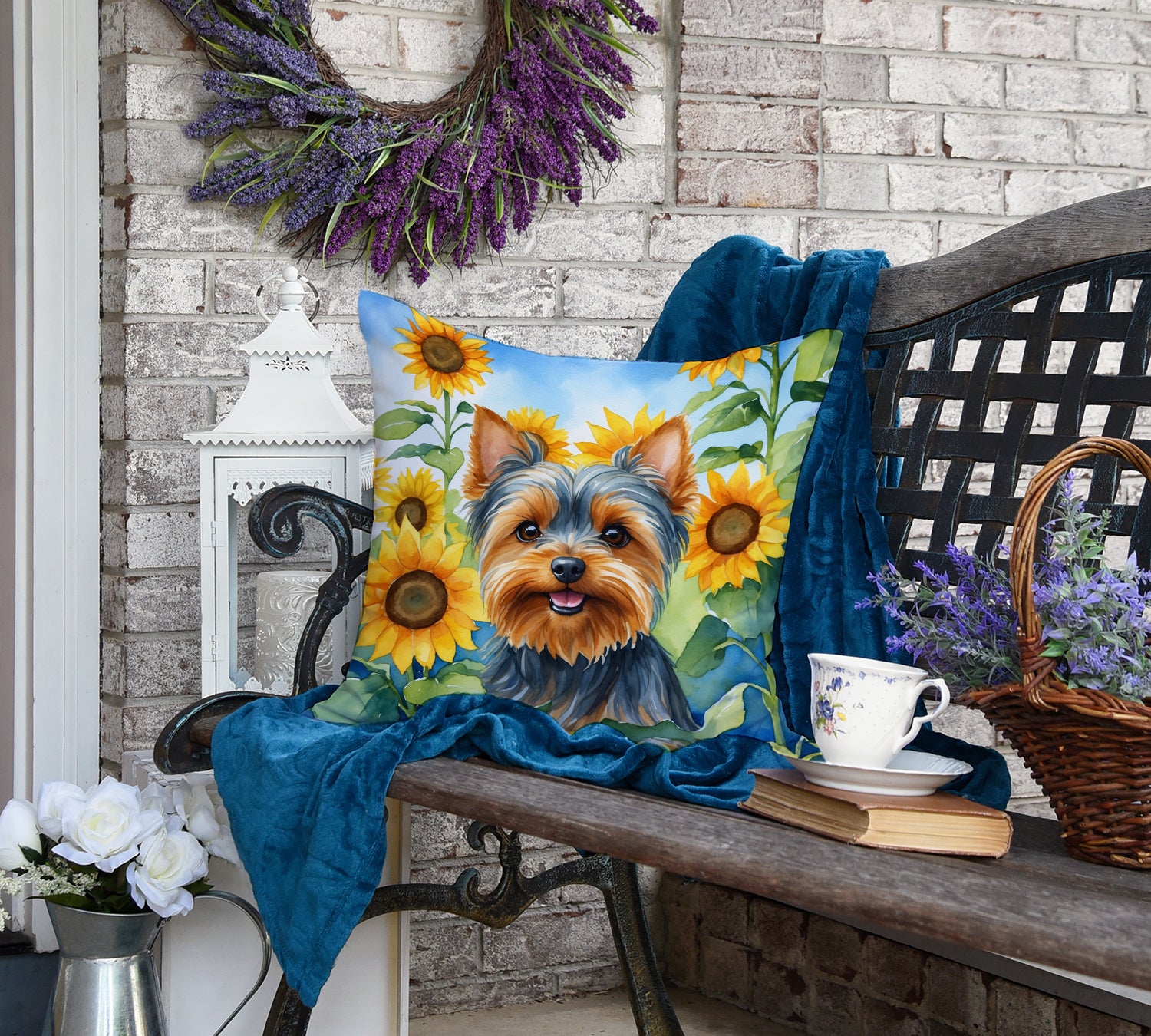 Yorkshire Terrier in Sunflowers Throw Pillow