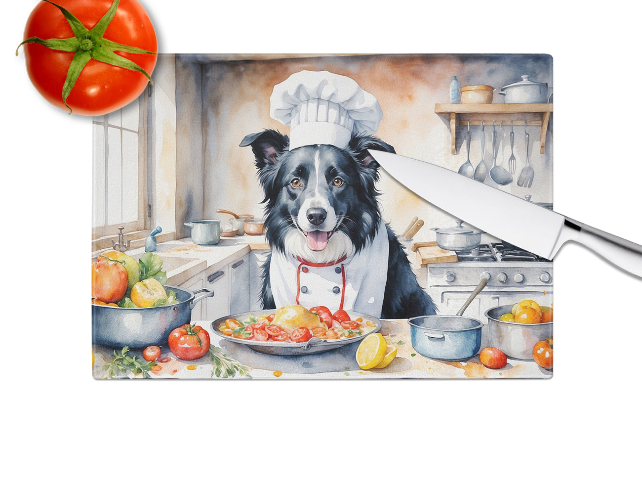 Border Collie The Chef Glass Cutting Board