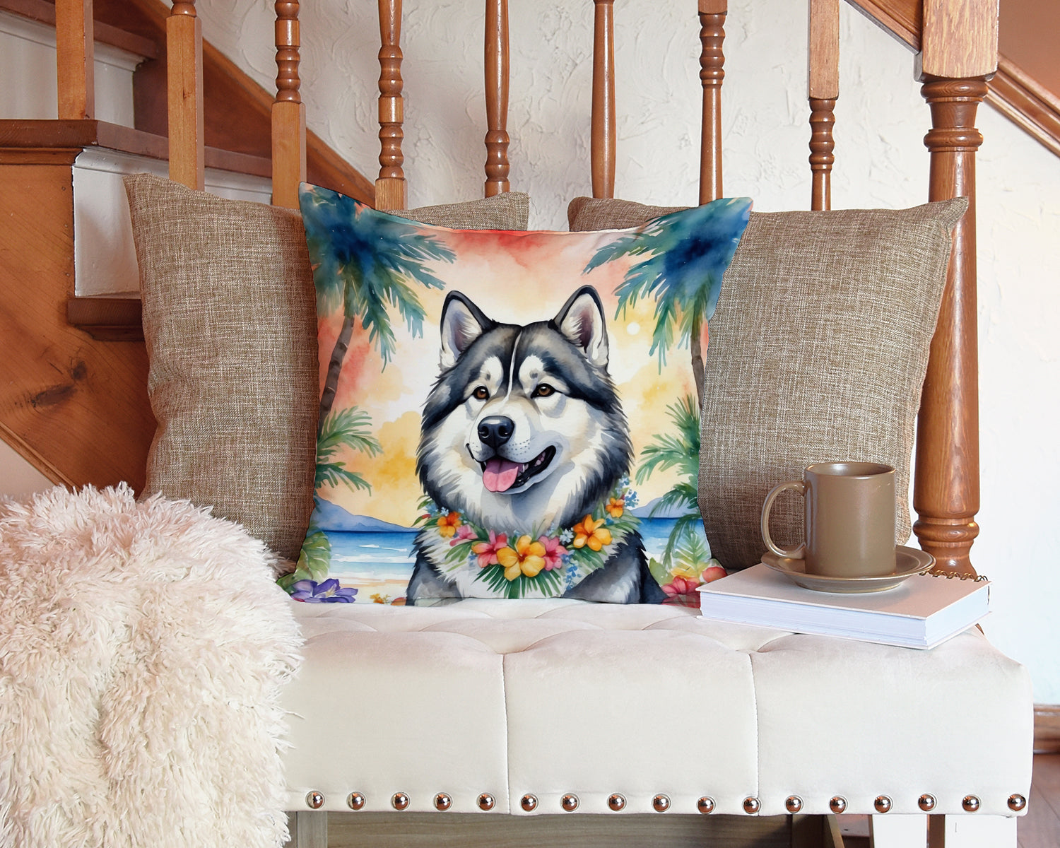 Alaskan Malamute Luau Throw Pillow