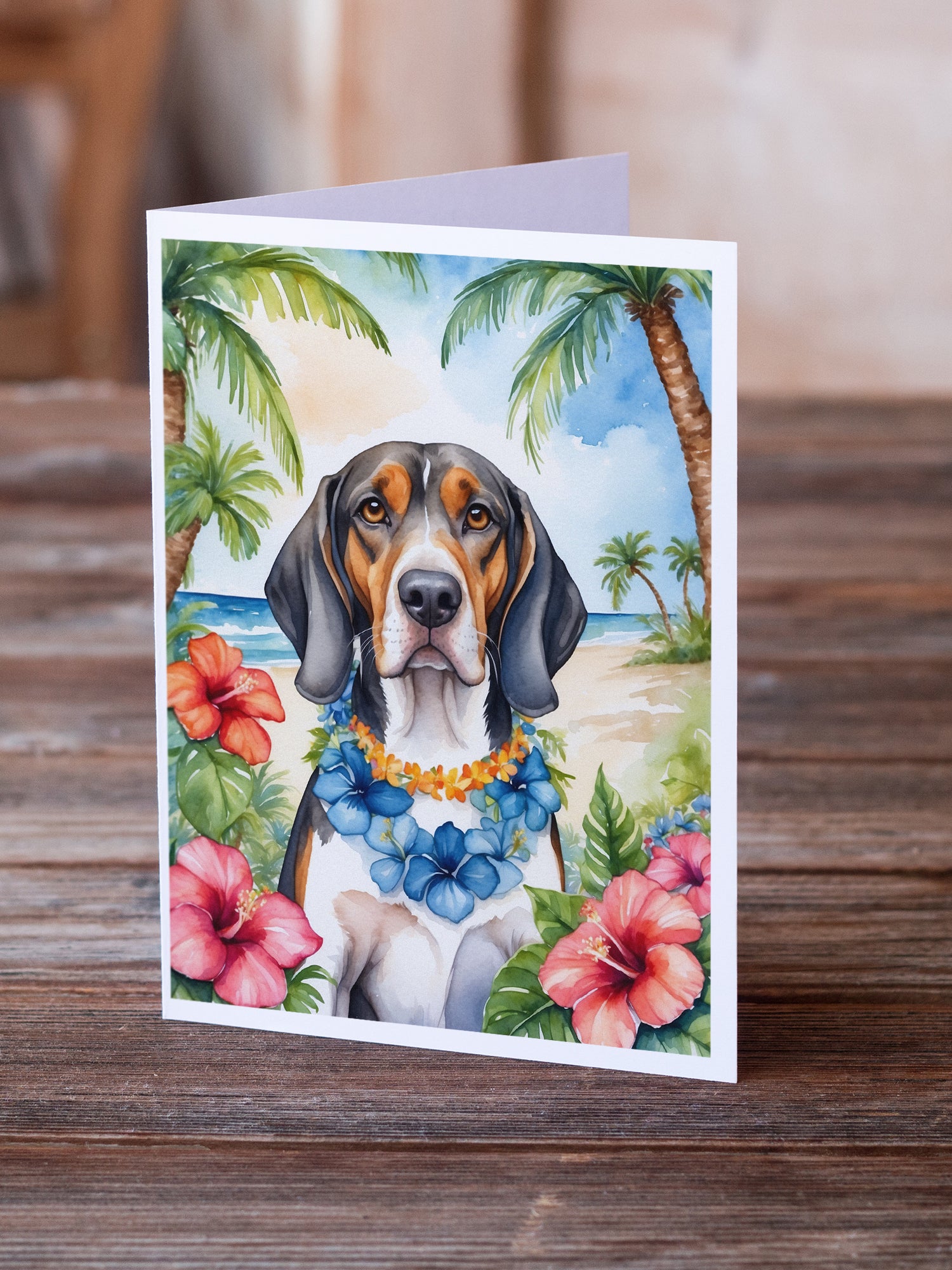 American English Coonhound Luau Greeting Cards Pack of 8