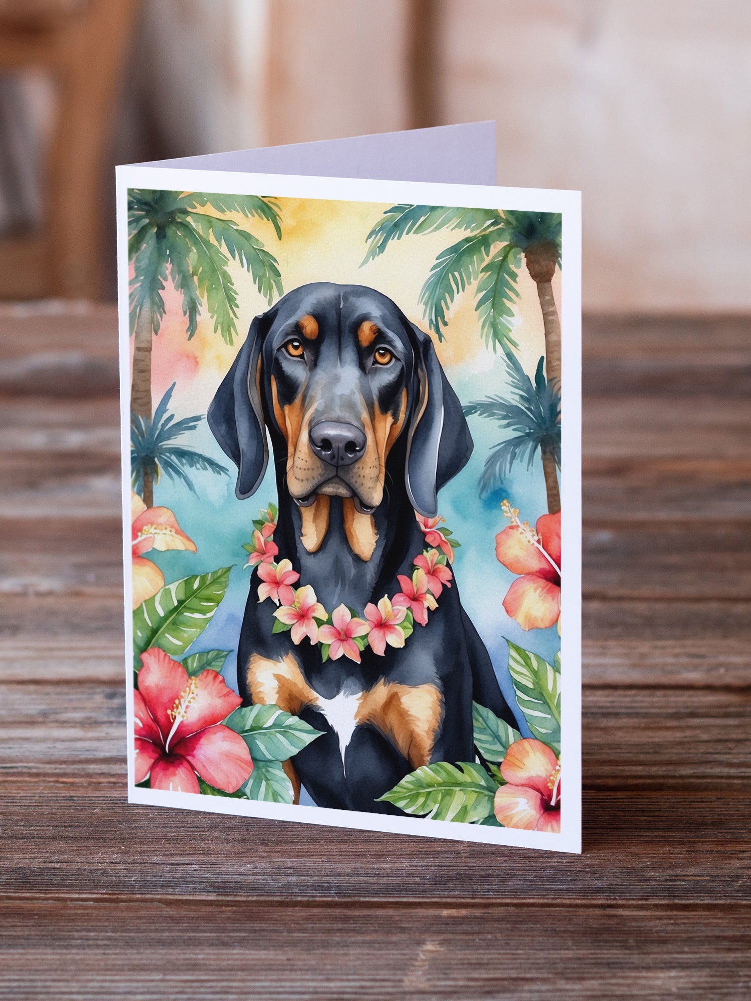 Black and Tan Coonhound Luau Greeting Cards Pack of 8