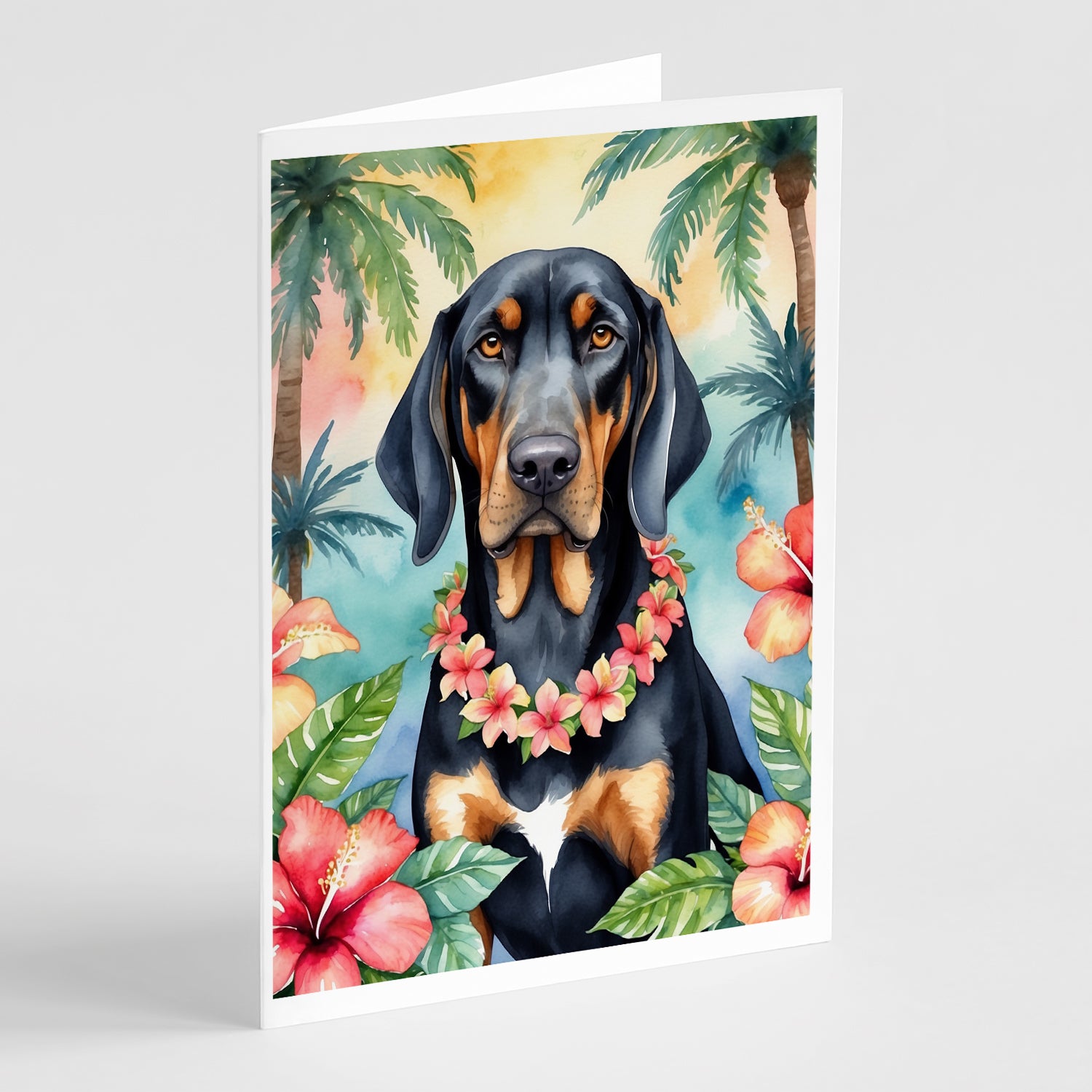 Buy this Black and Tan Coonhound Luau Greeting Cards Pack of 8