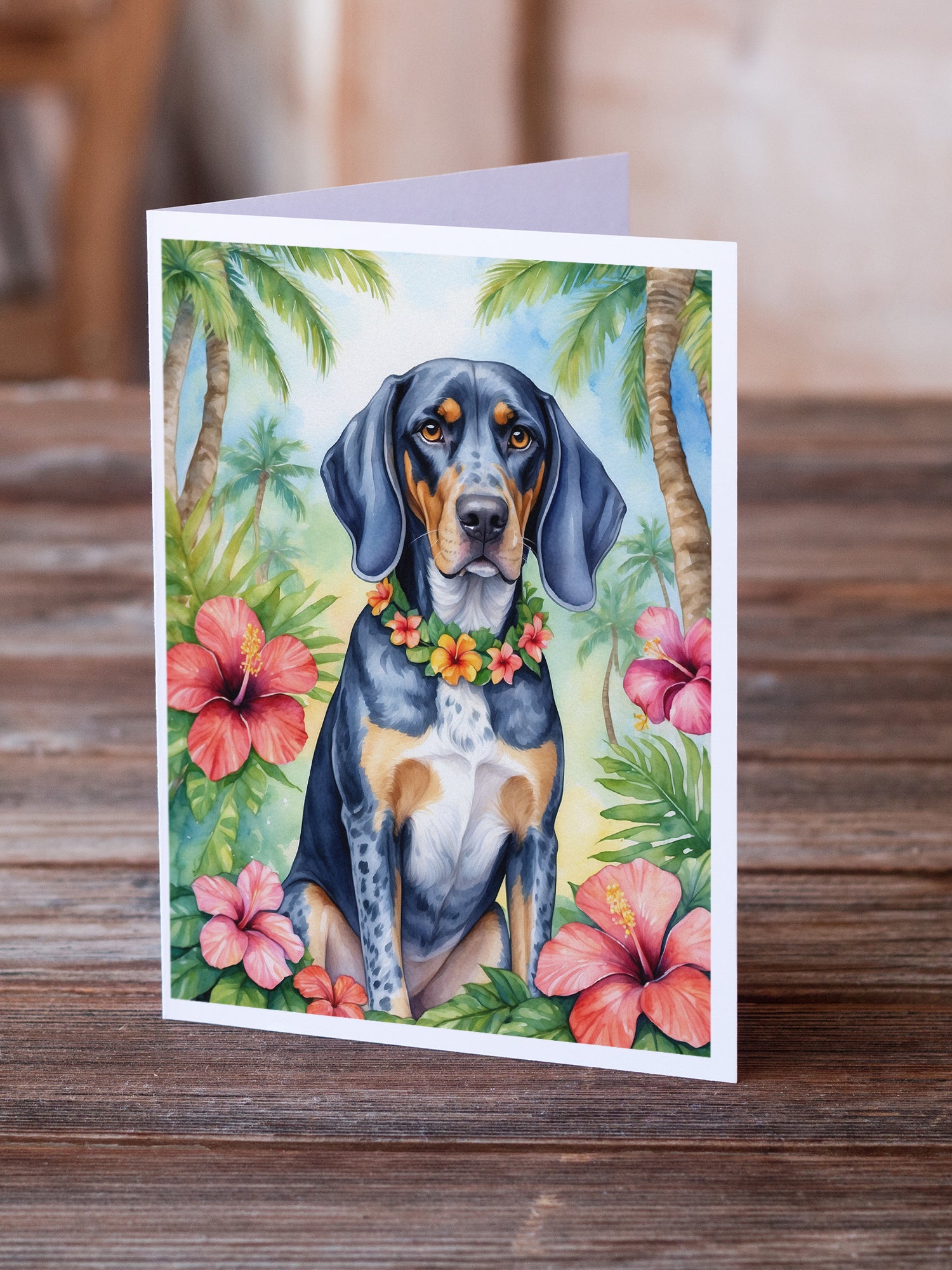 Bluetick Coonhound Luau Greeting Cards Pack of 8
