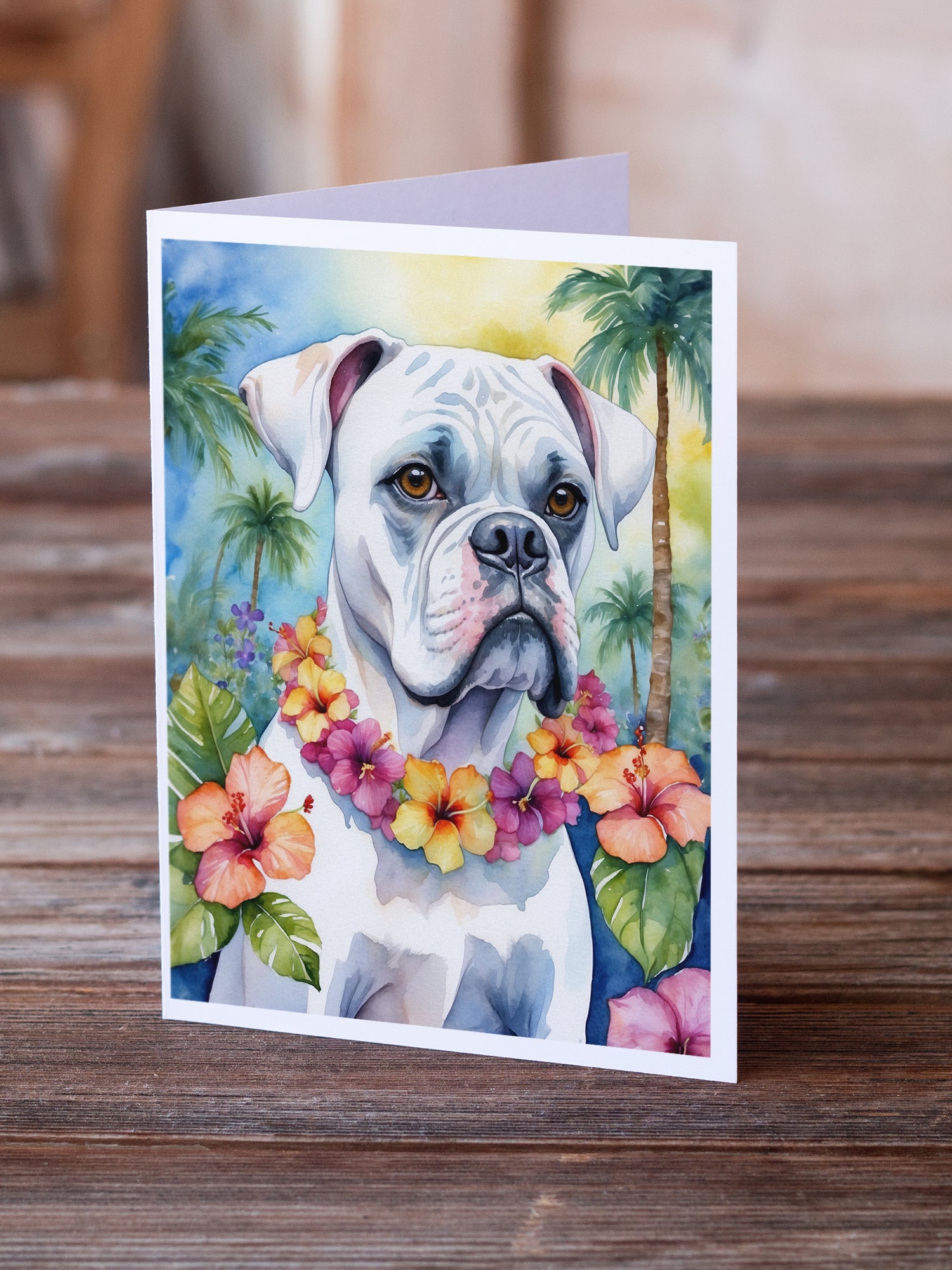 White Boxer Luau Greeting Cards Pack of 8