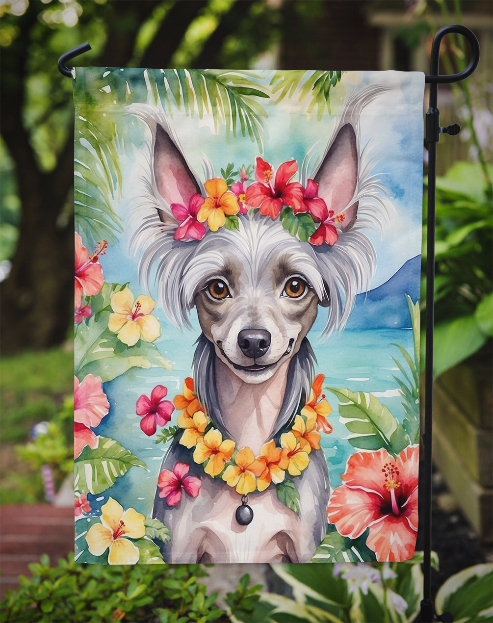 Chinese Crested Luau Garden Flag
